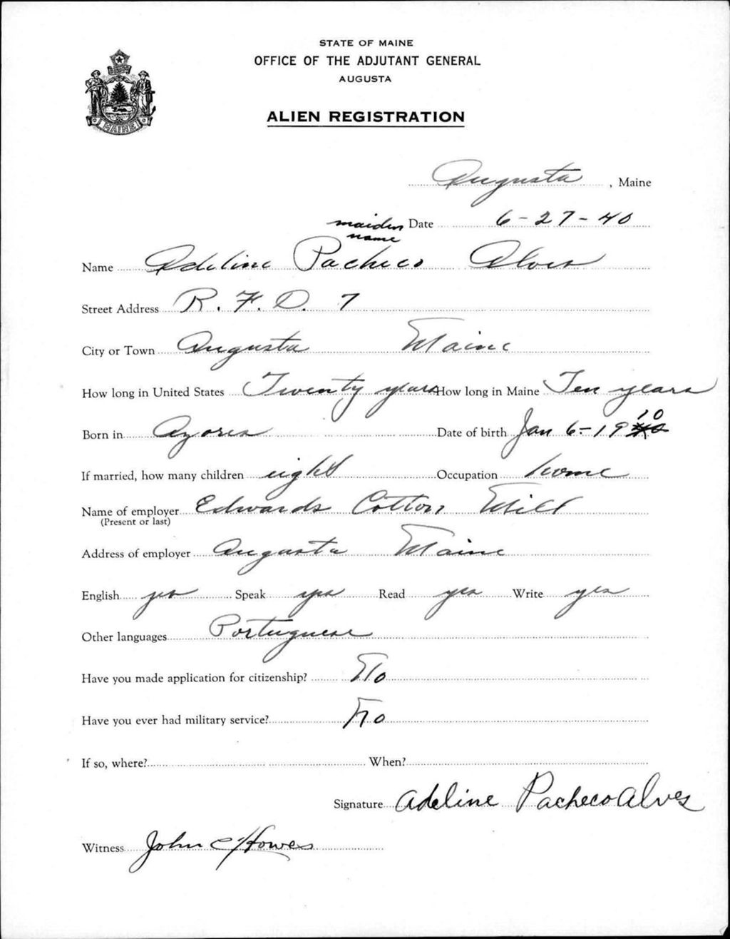 Miniature of Alien Registration- Pacheco, Adeline (Augusta, Kennebec County)