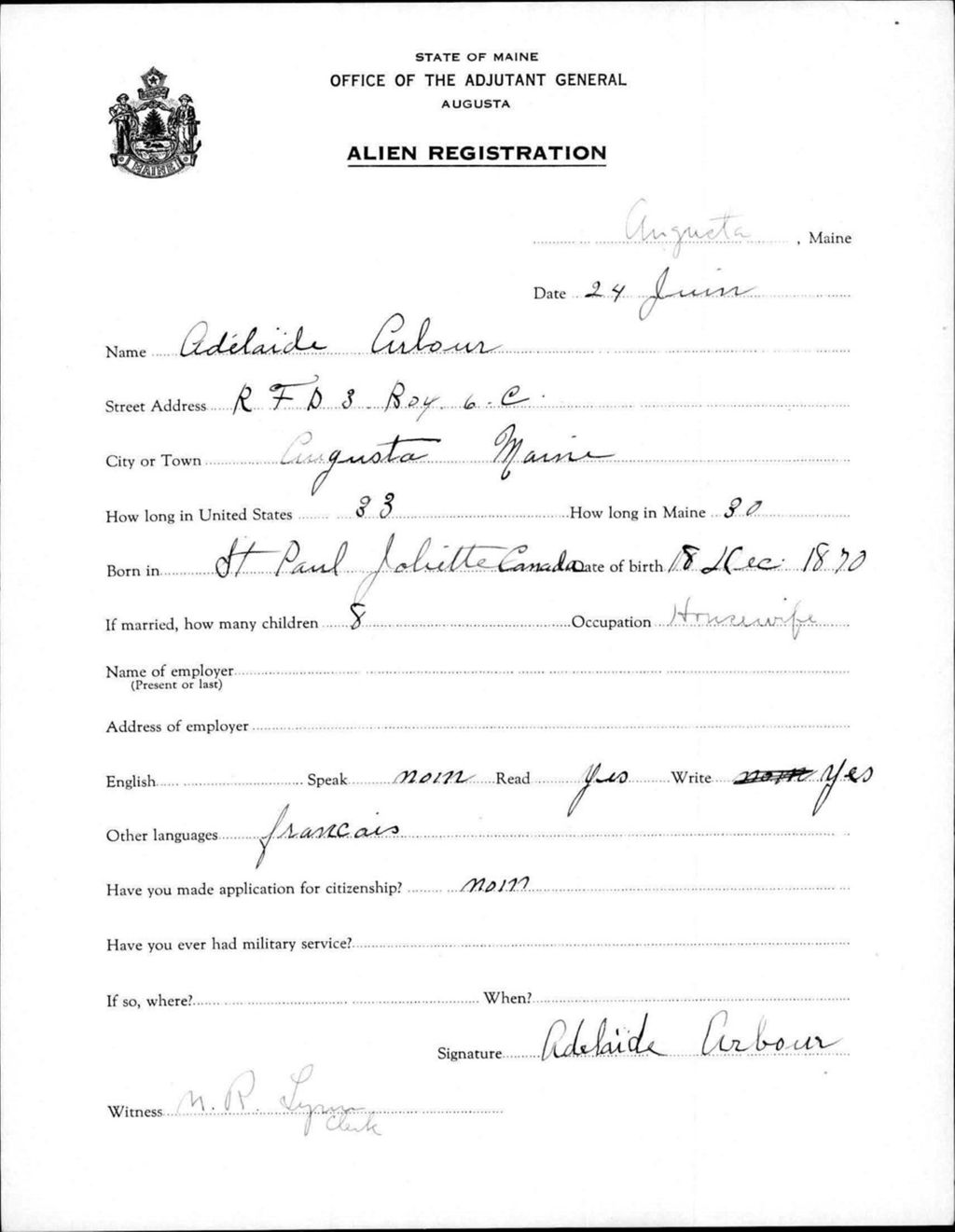 Miniature of Alien Registration- Arbour, Adelaide (Augusta, Kennebec County)