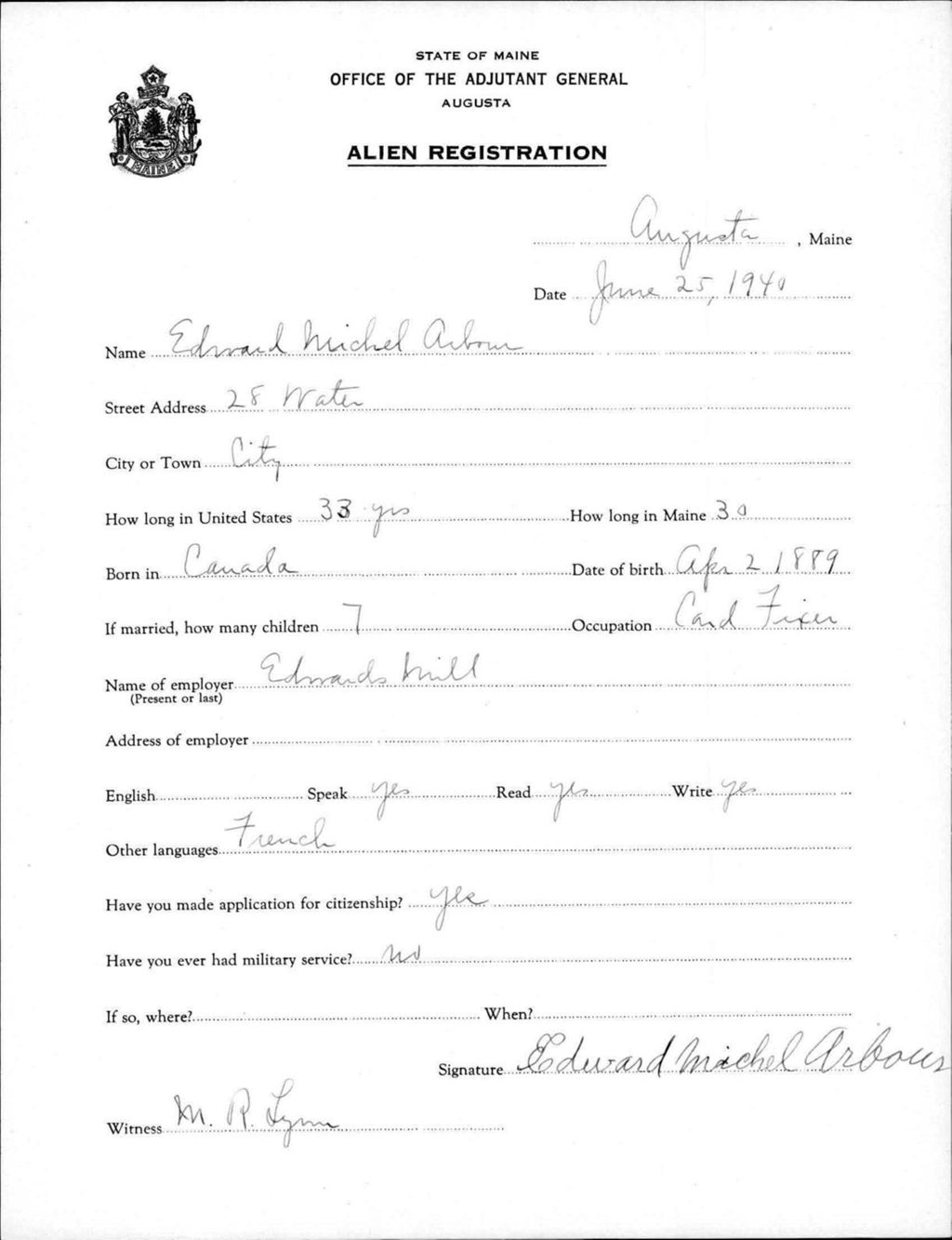Miniature of Alien Registration- Arbour, Edward M. (Augusta, Kennebec County)