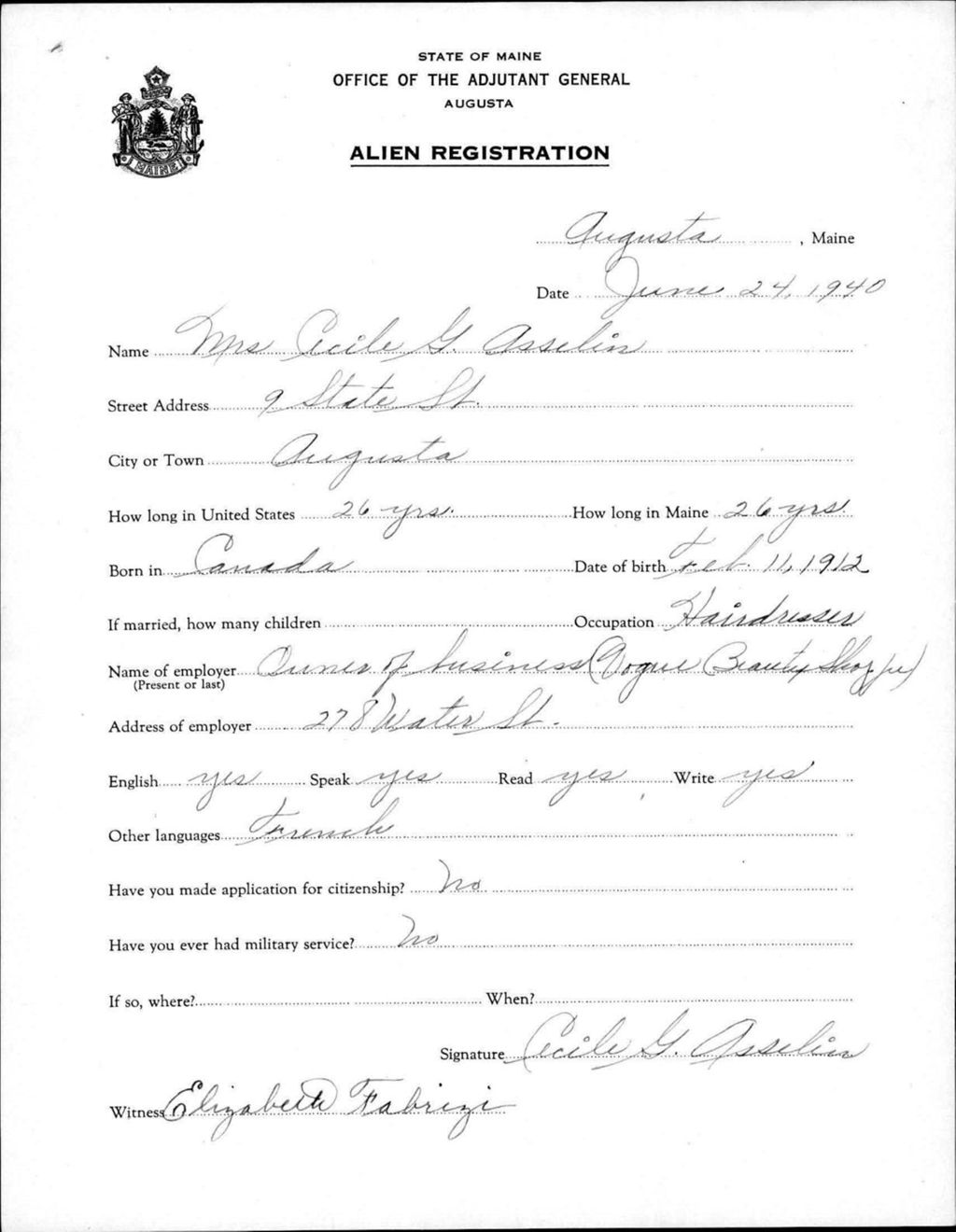 Miniature of Alien Registration- Asselin, Cecile G. (Augusta, Kennebec County)