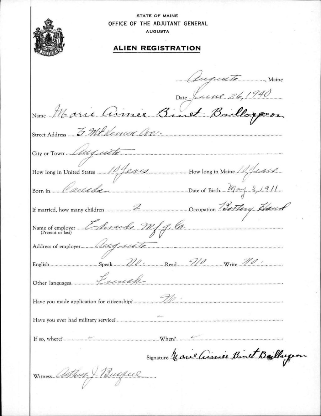 Miniature of Alien Registration- Binet, Marie A. (Augusta, Kennebec County)