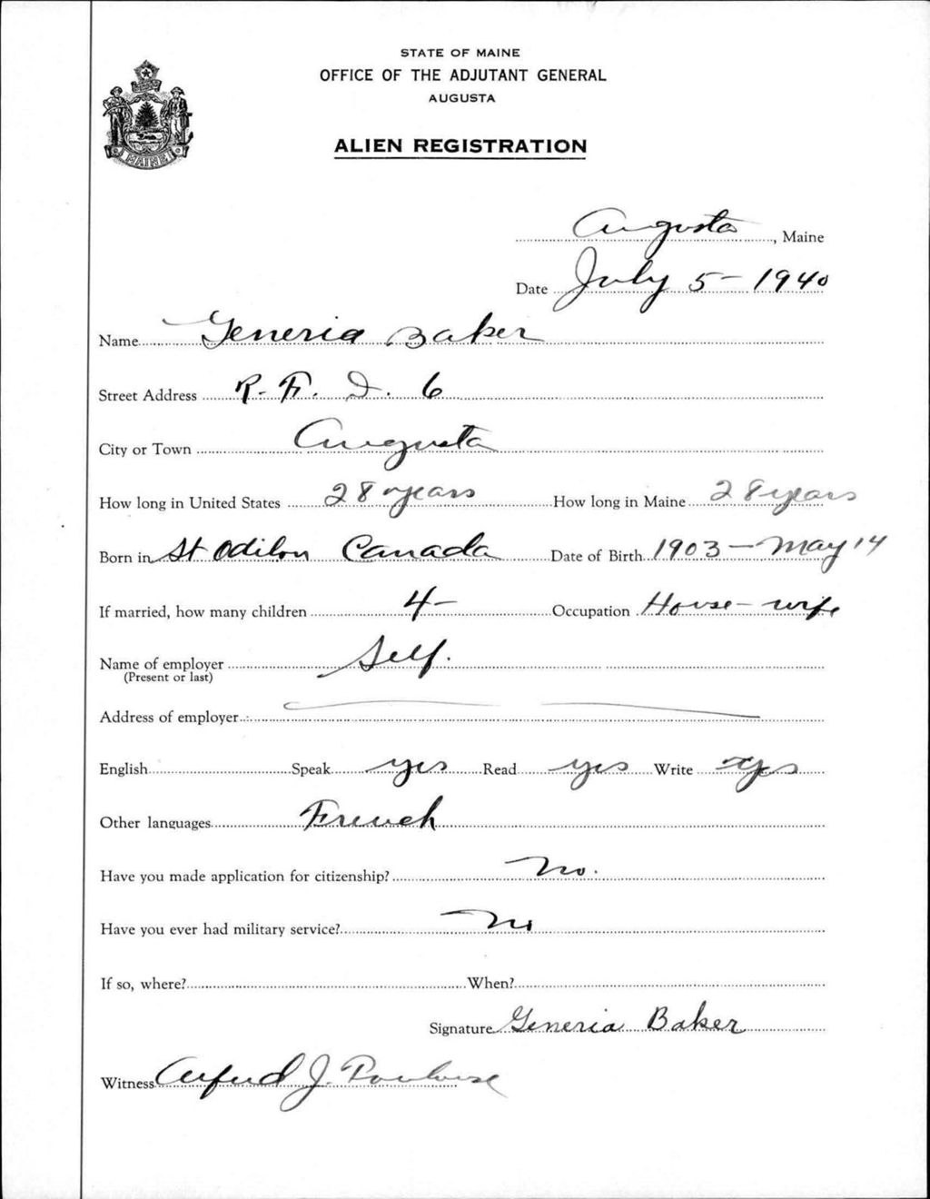 Miniature of Alien Registration- Baker, Generia (Augusta, Kennebec County)