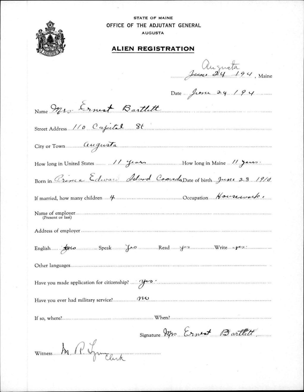 Miniature of Alien Registration- Bartlett, Ernest (Augusta, Kennebec County)