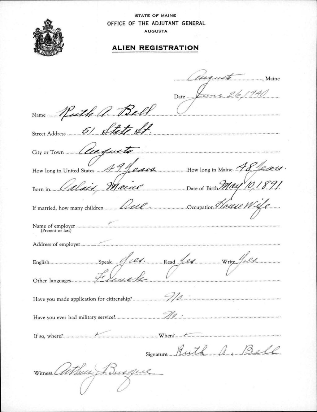 Miniature of Alien Registration- Bell, Ruth A. (Augusta, Kennebec County)