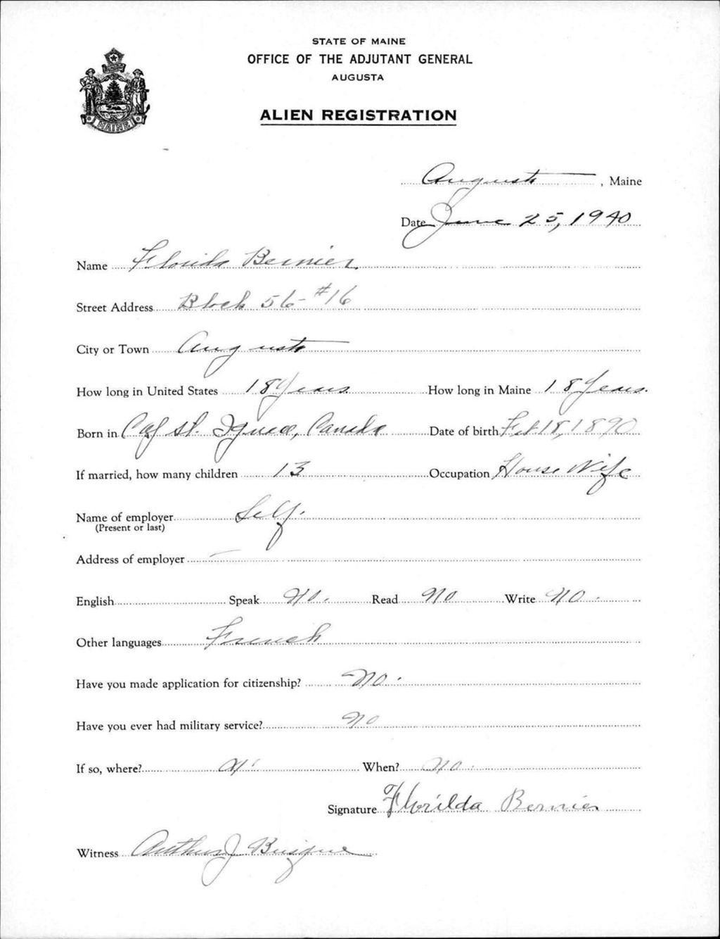 Miniature of Alien Registration- Bernier, Florida (Augusta, Kennebec County)