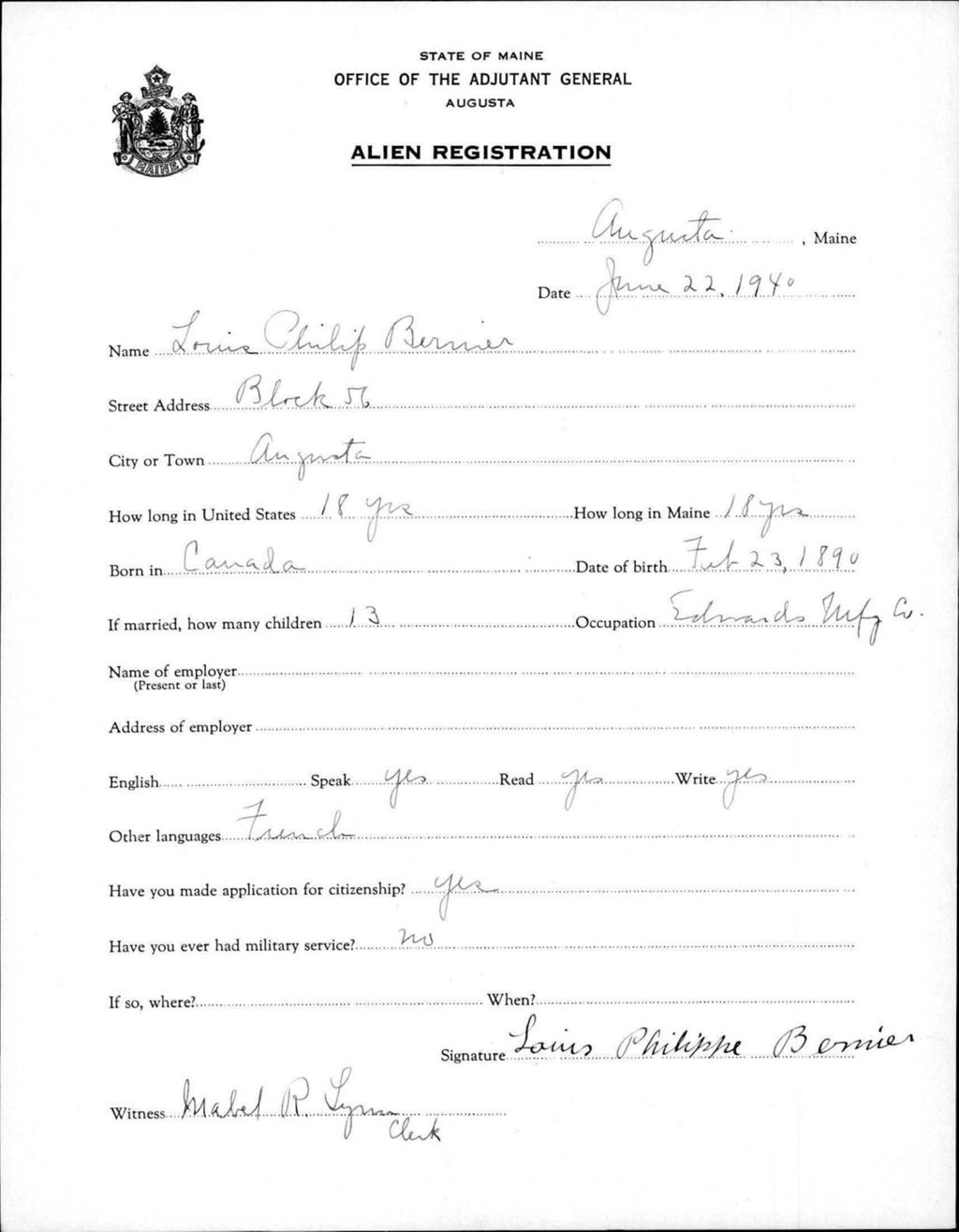 Miniature of Alien Registration- Bernier, Louis P. (Augusta, Kennebec County)