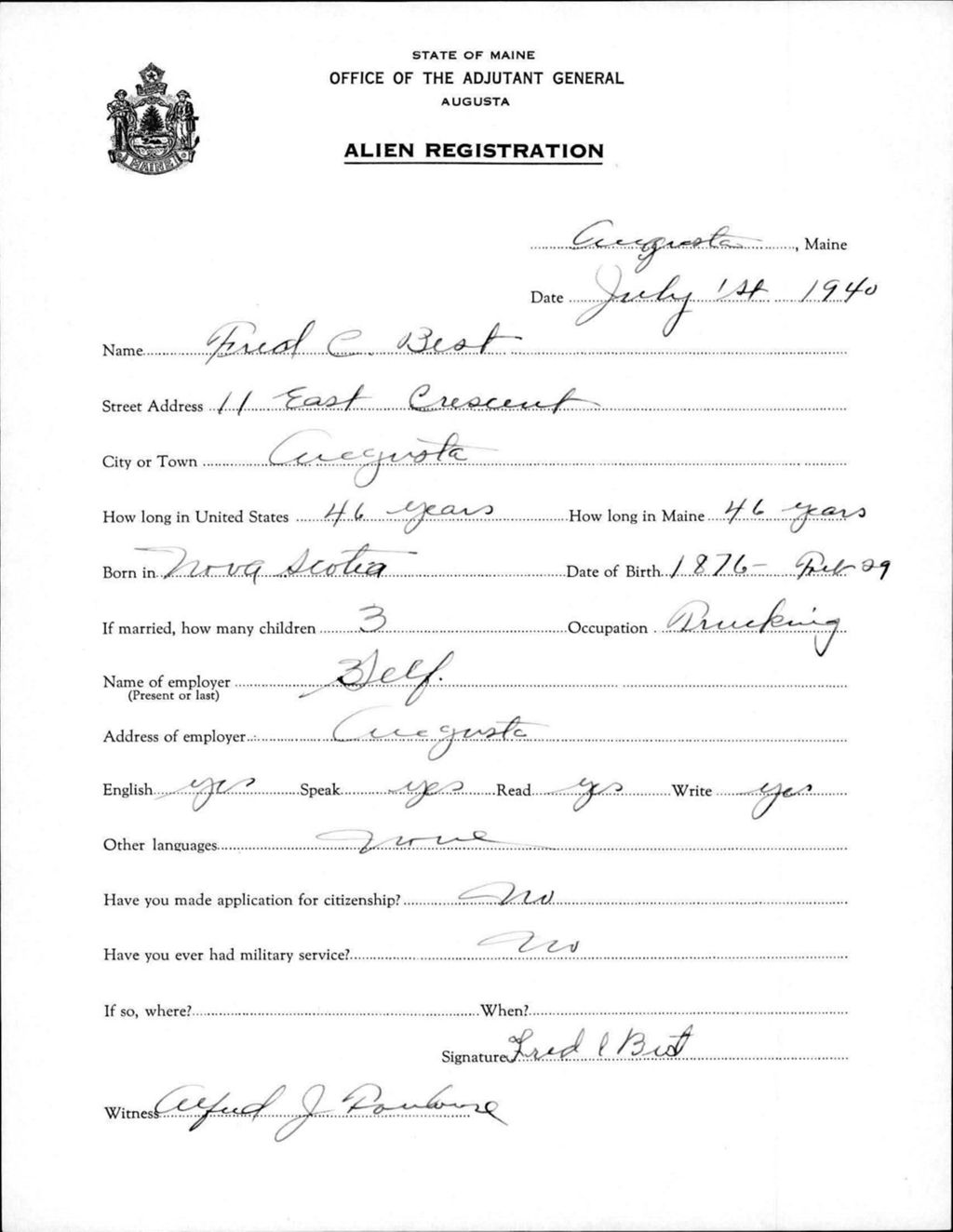Miniature of Alien Registration- Best, Fred C. (Augusta, Kennebec County)