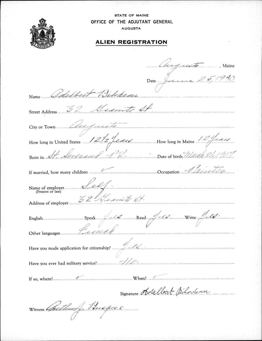 Miniature of Alien Registration- Bilodeau, Adelbert (Augusta, Kennebec County)