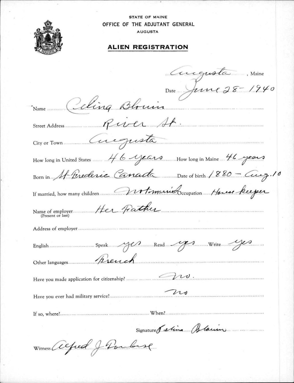 Miniature of Alien Registration- Blouin, Celina (Augusta, Kennebec County)