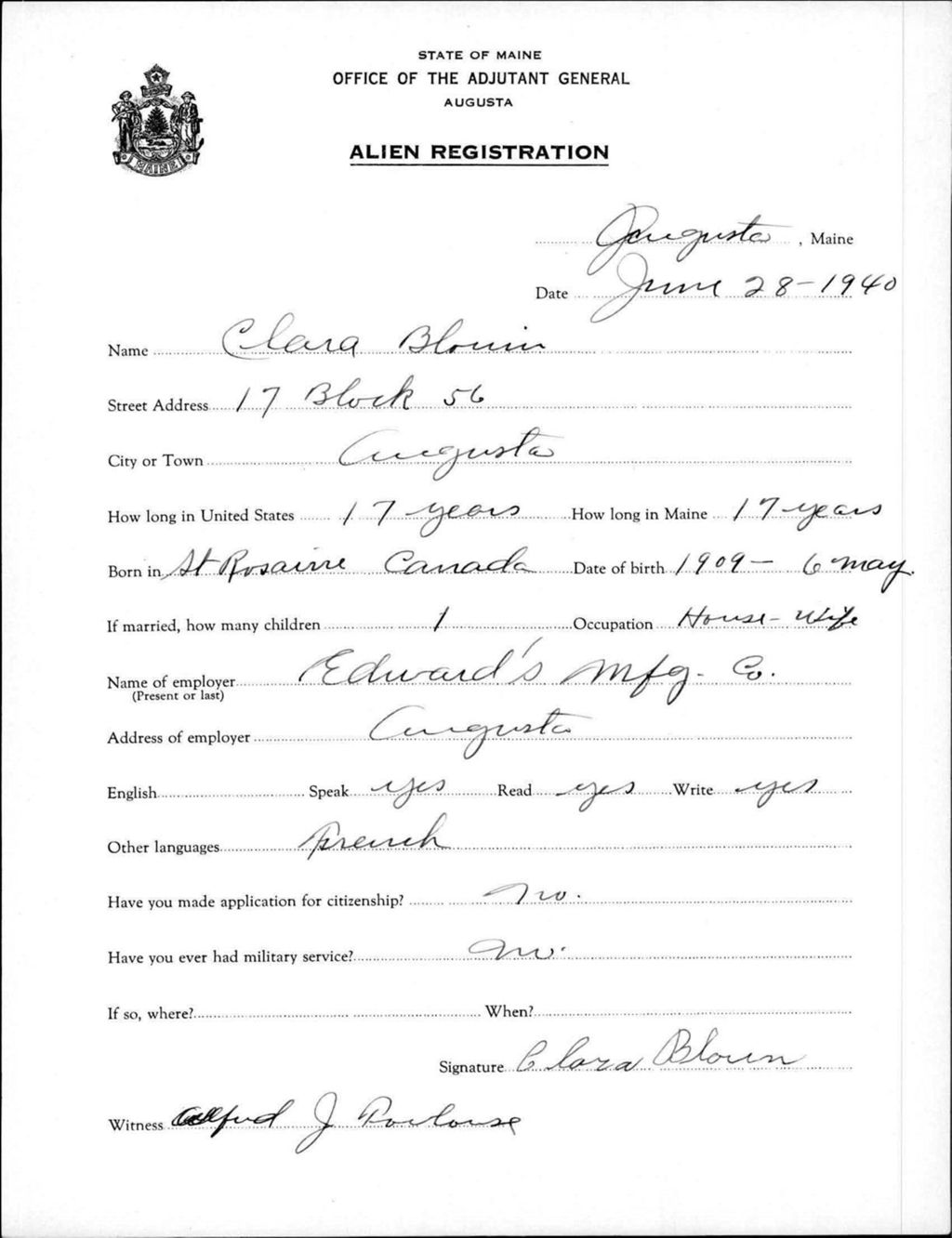 Miniature of Alien Registration- Blouin, Clara (Augusta, Kennebec County)
