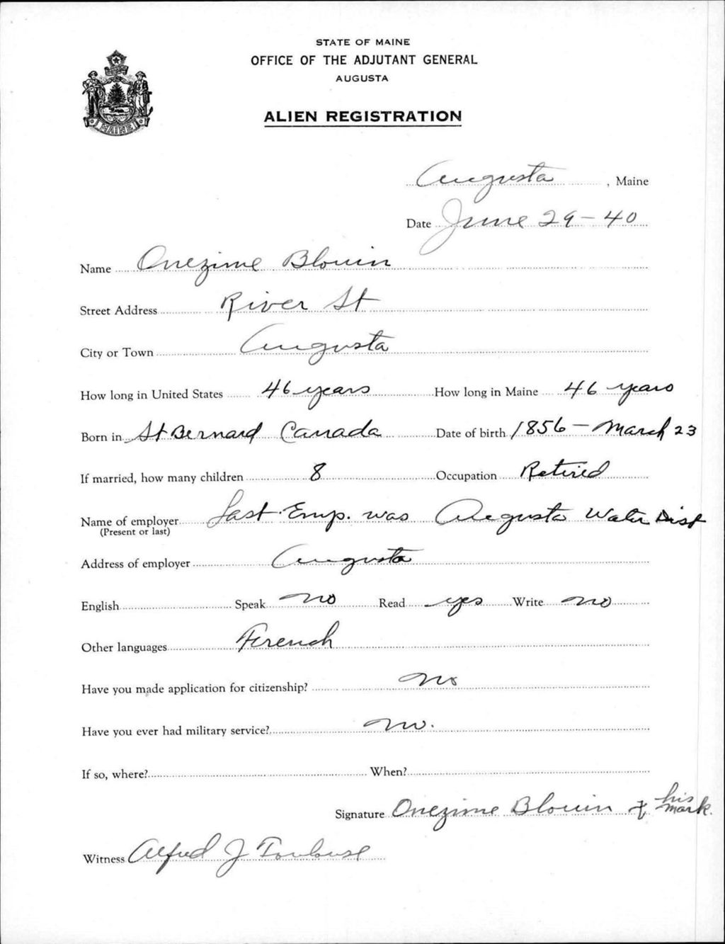 Miniature of Alien Registration- Blouin, Onezine (Augusta, Kennebec County)
