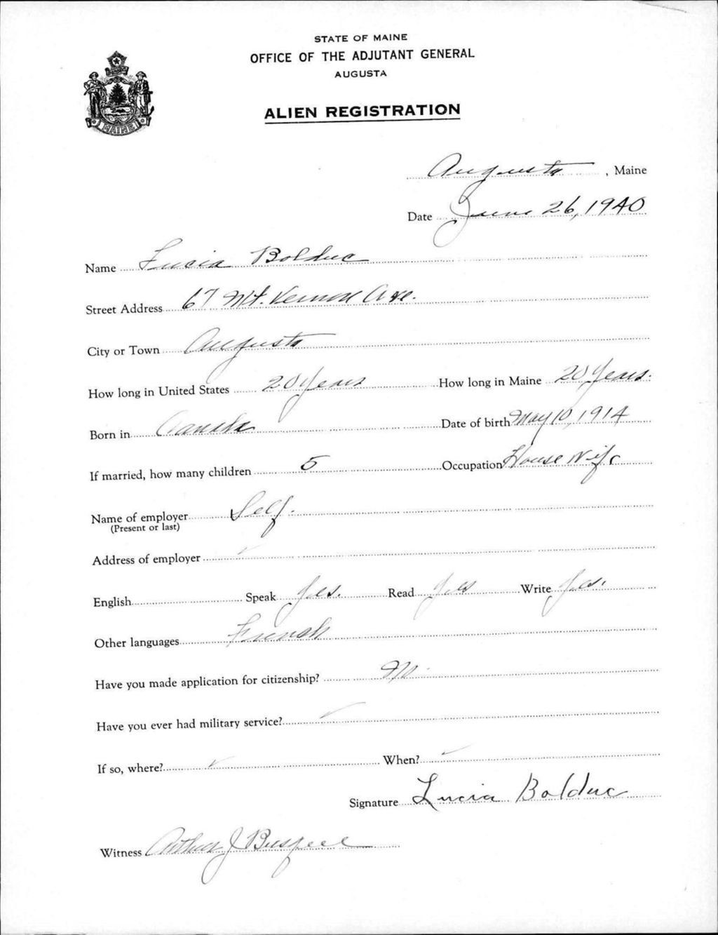 Miniature of Alien Registration- Bolduc, Lucia (Augusta, Kennebec County)