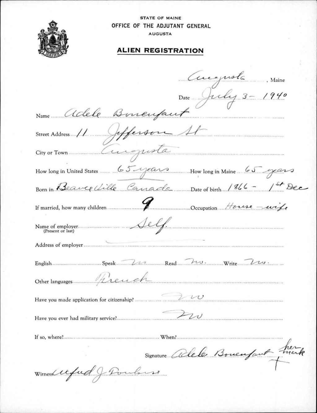 Miniature of Alien Registration- Bonenfant, Adele (Augusta, Kennebec County)