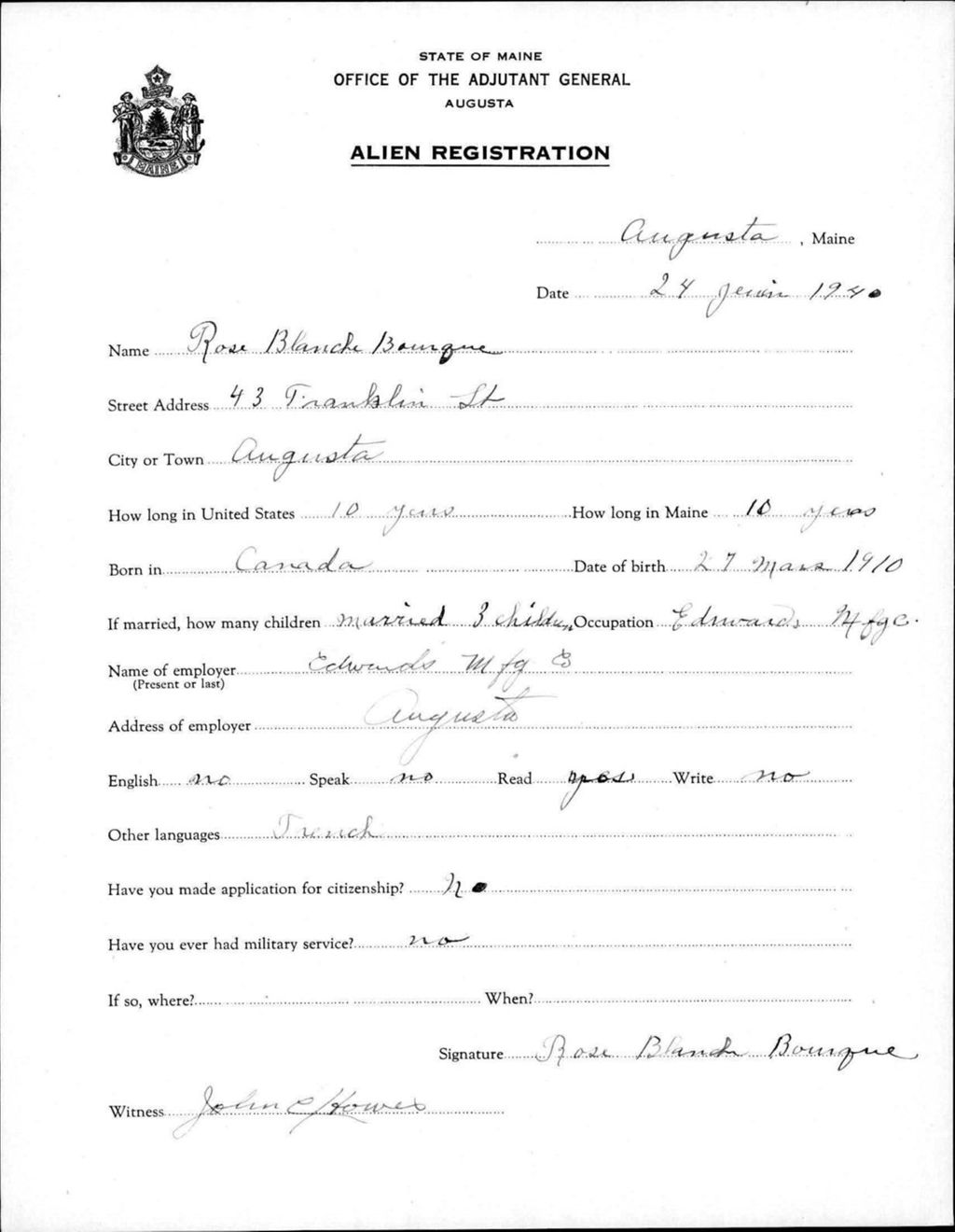 Miniature of Alien Registration- Bourque, Rose B. (Augusta, Kennebec County)
