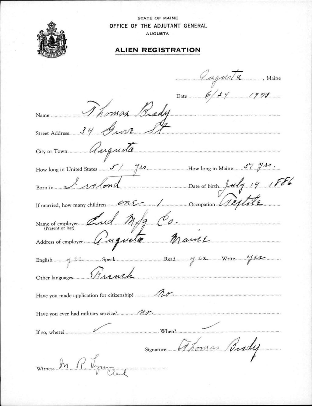 Miniature of Alien Registration- Brady, Thomas (Augusta, Kennebec County)