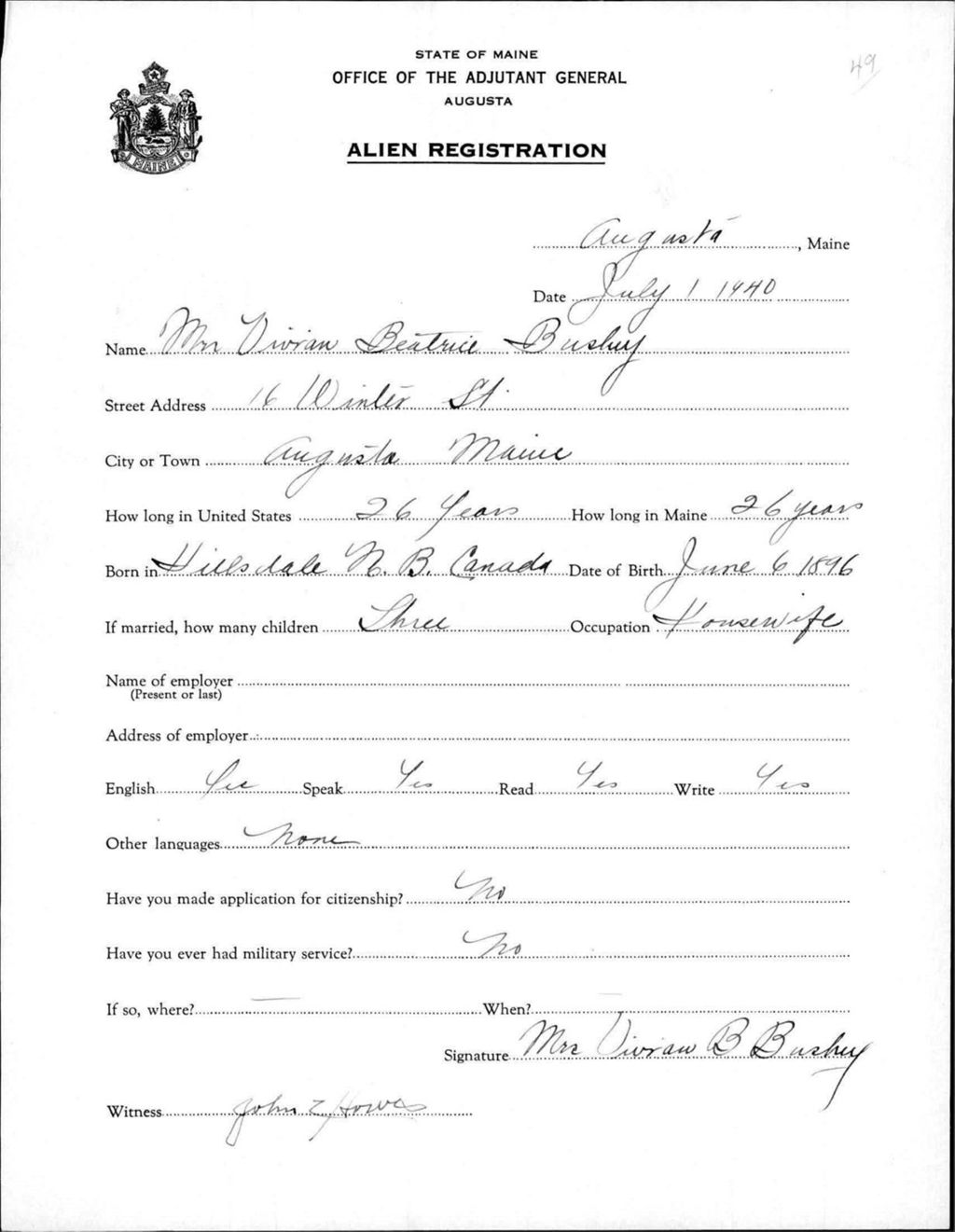 Miniature of Alien Registration- Bushey, Vivian B. (Augusta, Kennebec County)