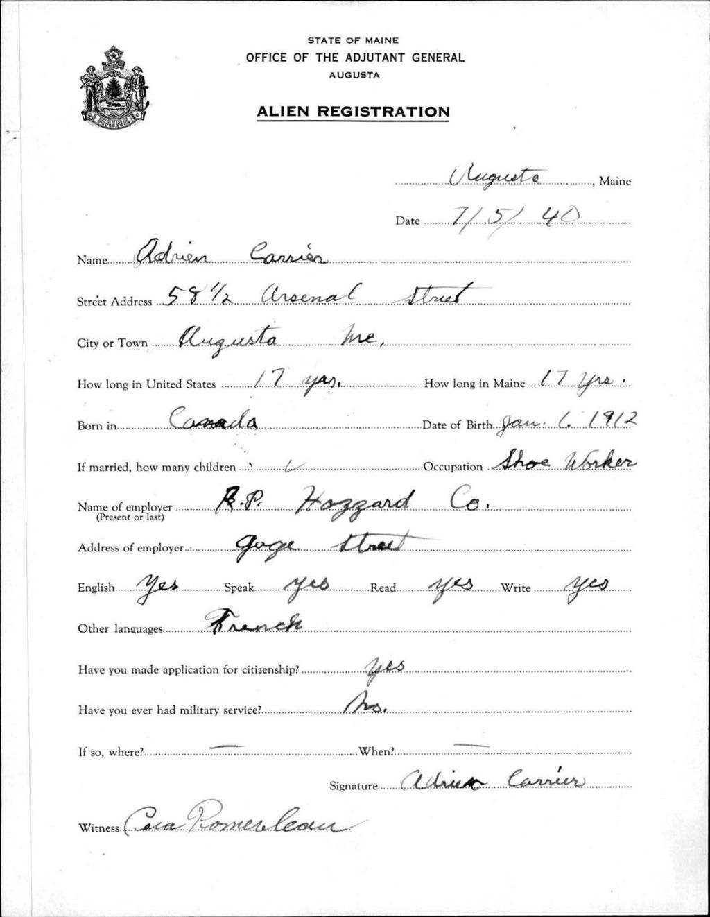 Miniature of Alien Registration- Carrier, Adrien (Augusta, Kennebec County)
