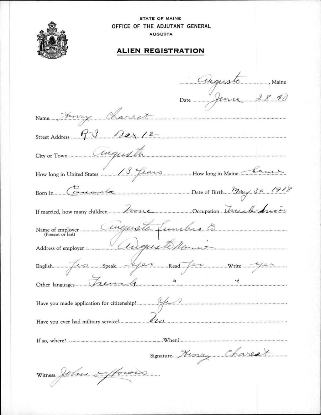 Miniature of Alien Registration- Charest, Henry (Augusta, Kennebec County)