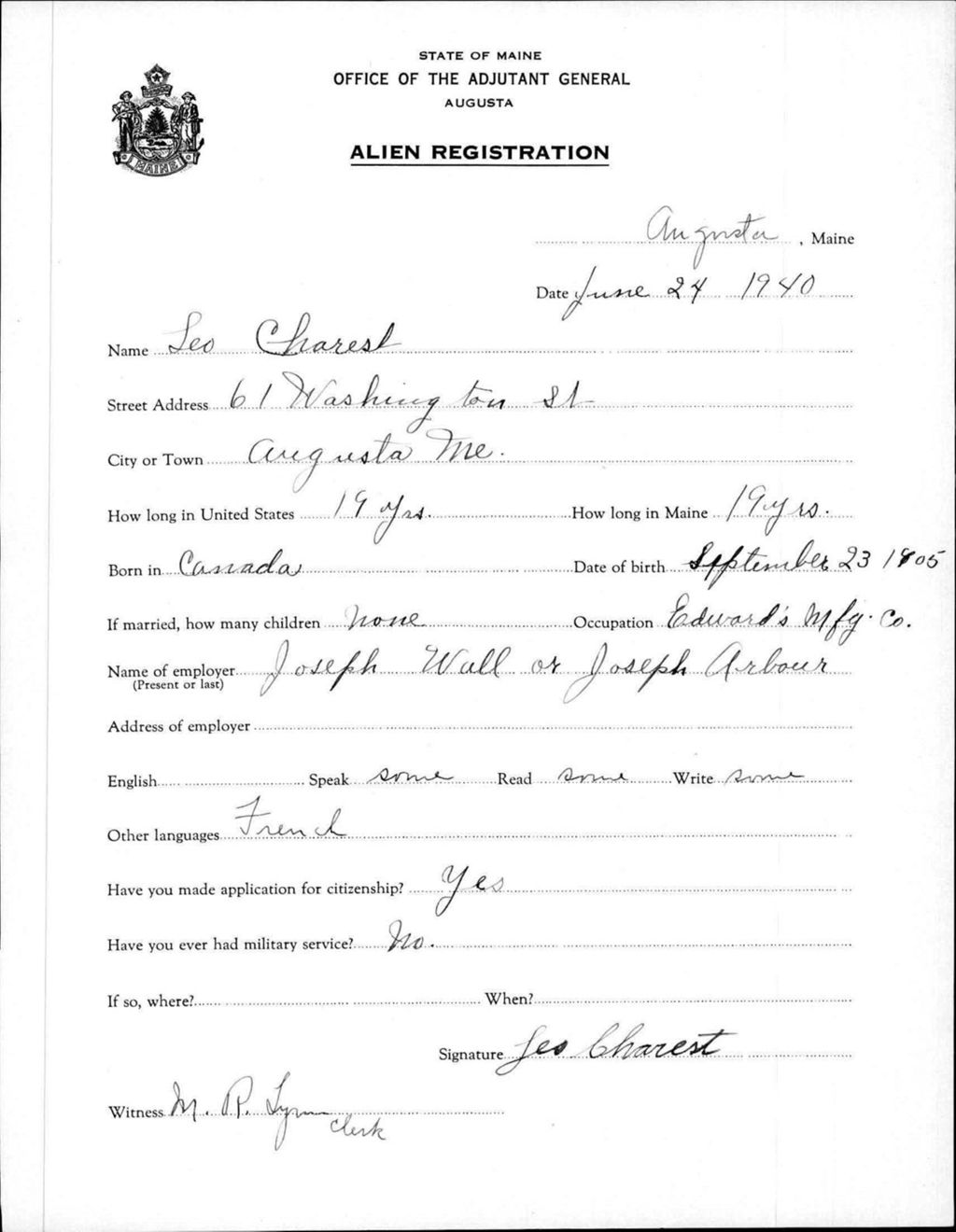 Miniature of Alien Registration- Charest, Leo (Augusta, Kennebec County)