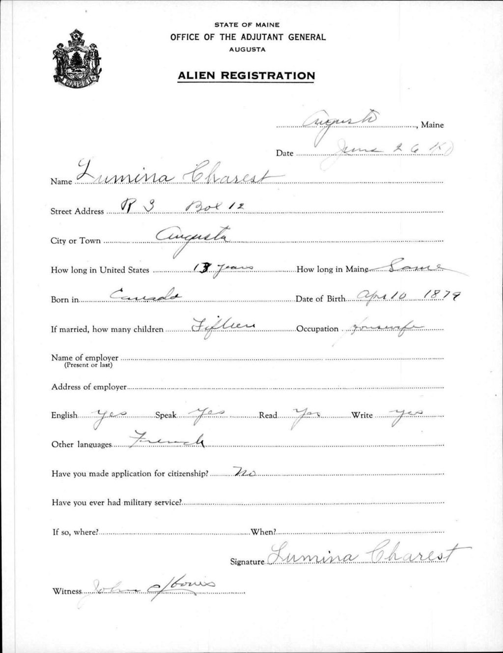 Miniature of Alien Registration- Charest, Lumina (Augusta, Kennebec County)