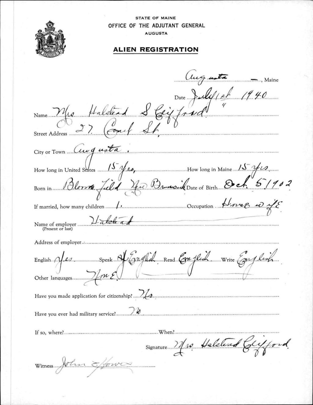 Miniature of Alien Registration- Clifford, Halstead S. (Augusta, Kennebec County)
