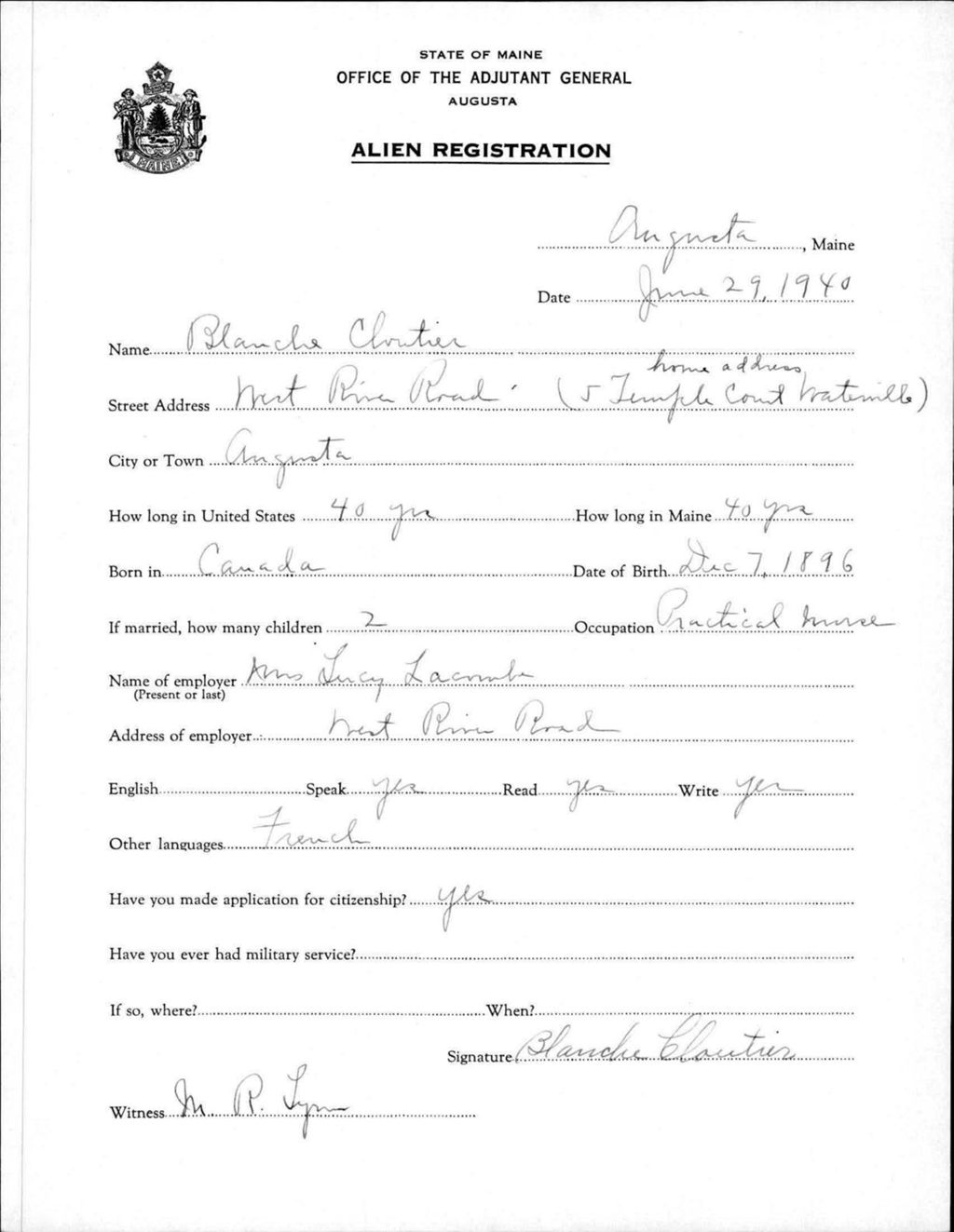 Miniature of Alien Registration- Cloutier, Blanche (Augusta, Kennebec County)