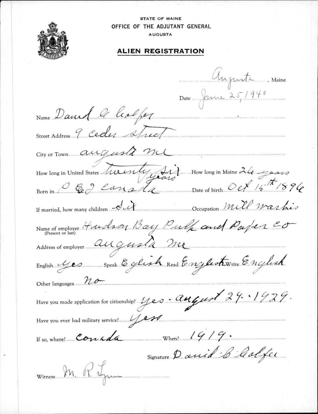 Miniature of Alien Registration- Colfer, David G. (Augusta, Kennebec County)