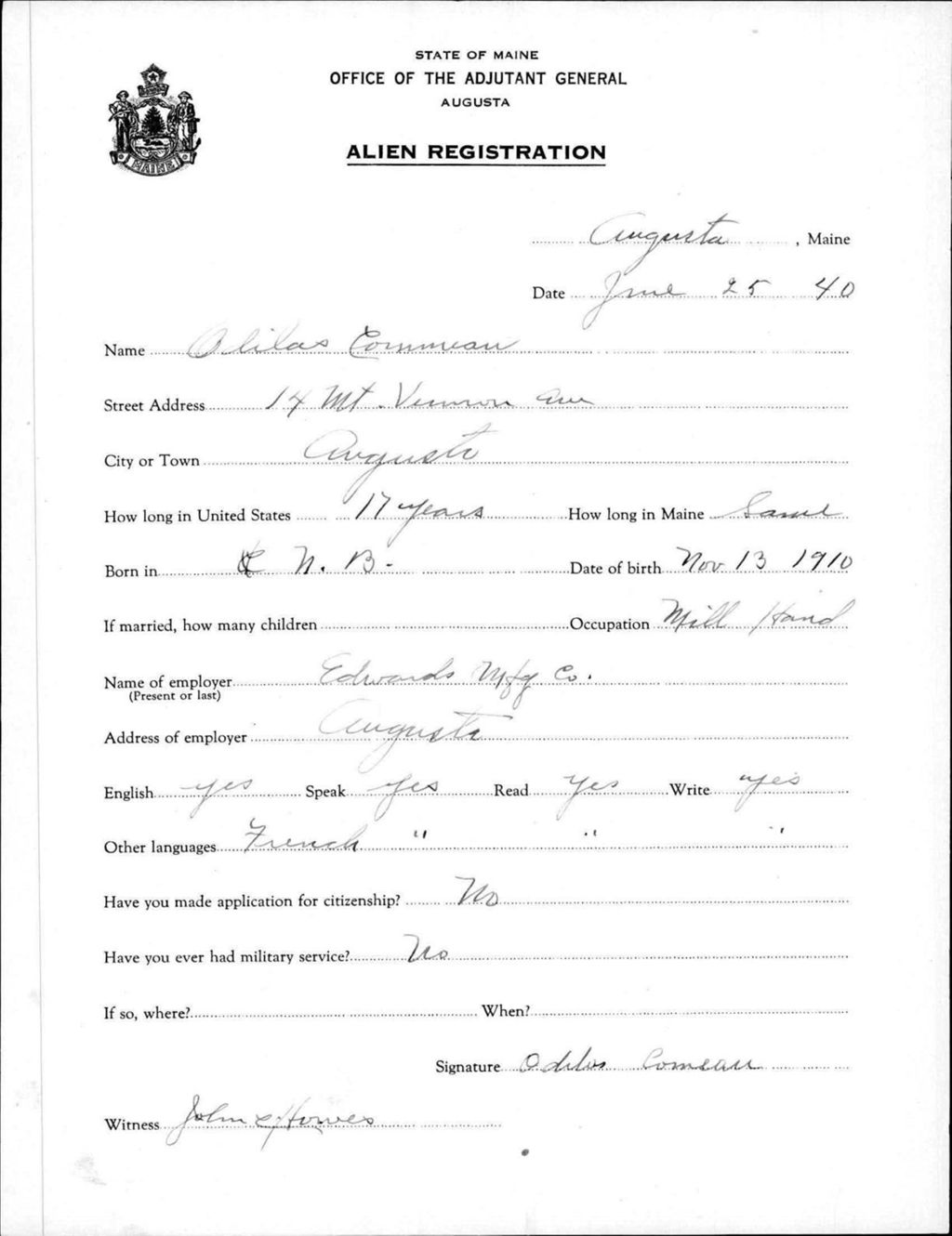 Miniature of Alien Registration- Comeau, Olilas (Augusta, Kennebec County)
