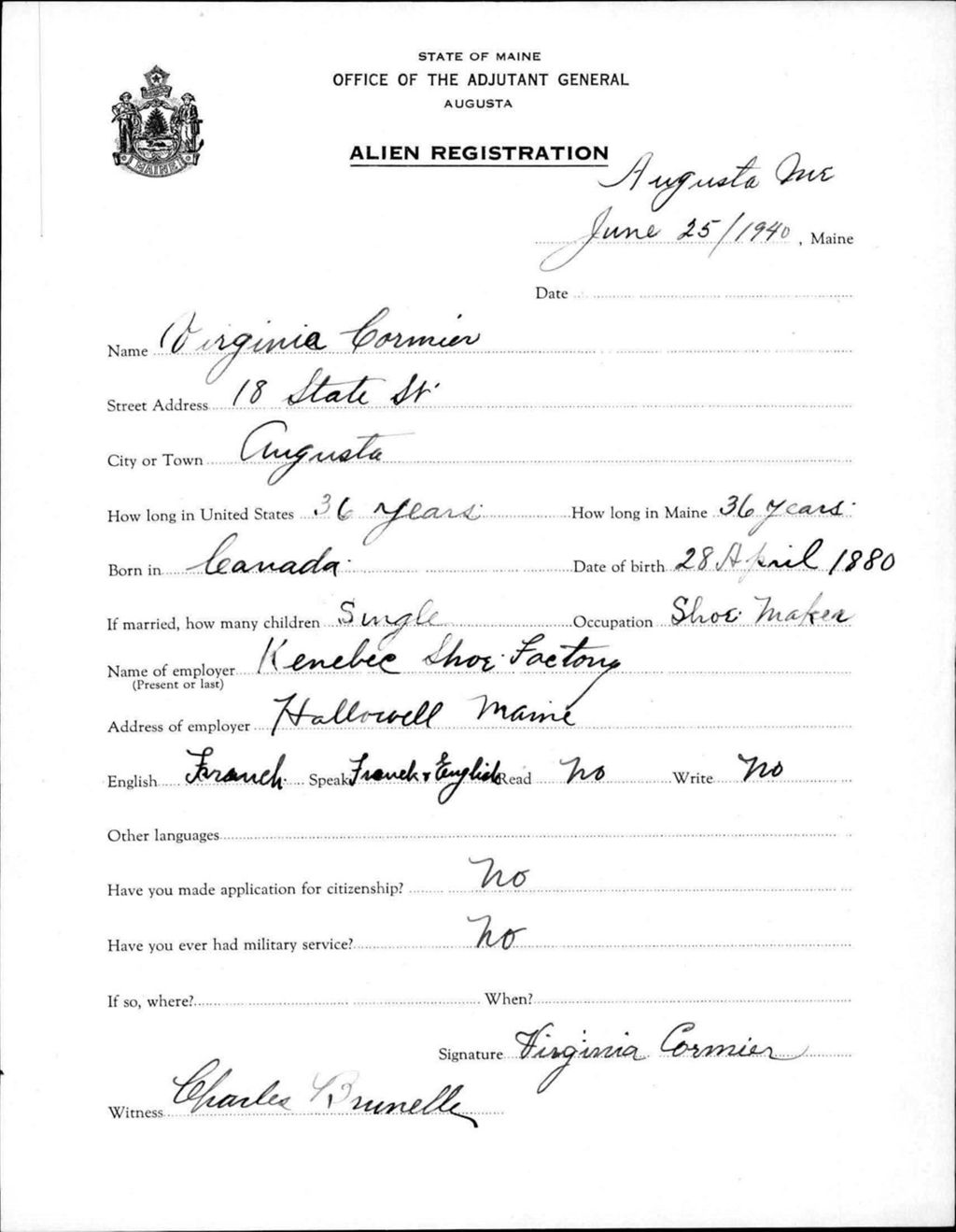 Miniature of Alien Registration- Cormier, Virginia (Augusta, Kennebec County)