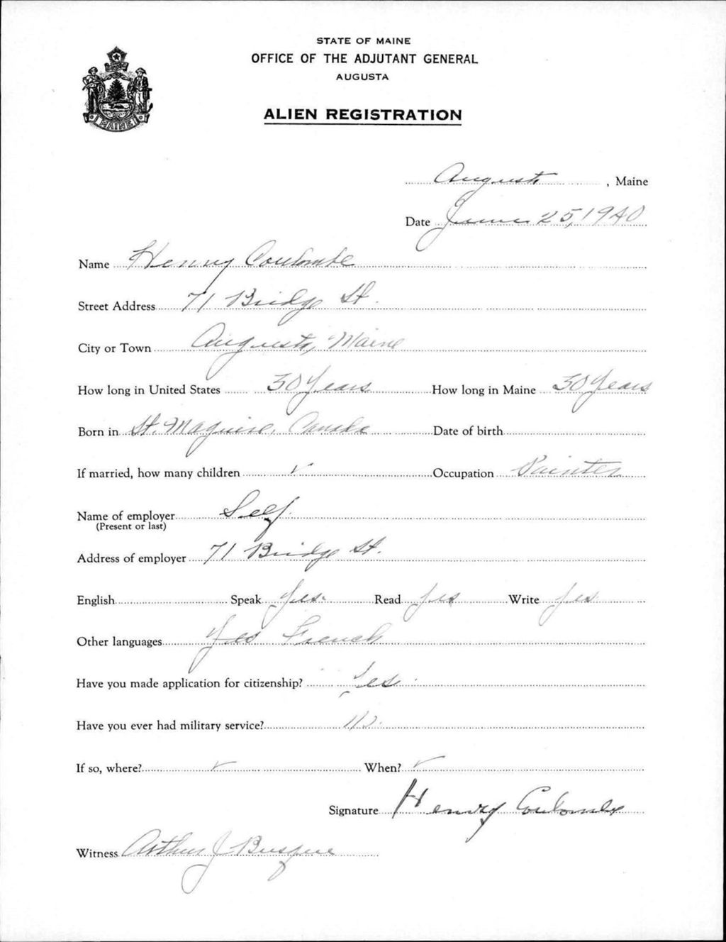 Miniature of Alien Registration- Coulombe, Henry (Augusta, Kennebec County)