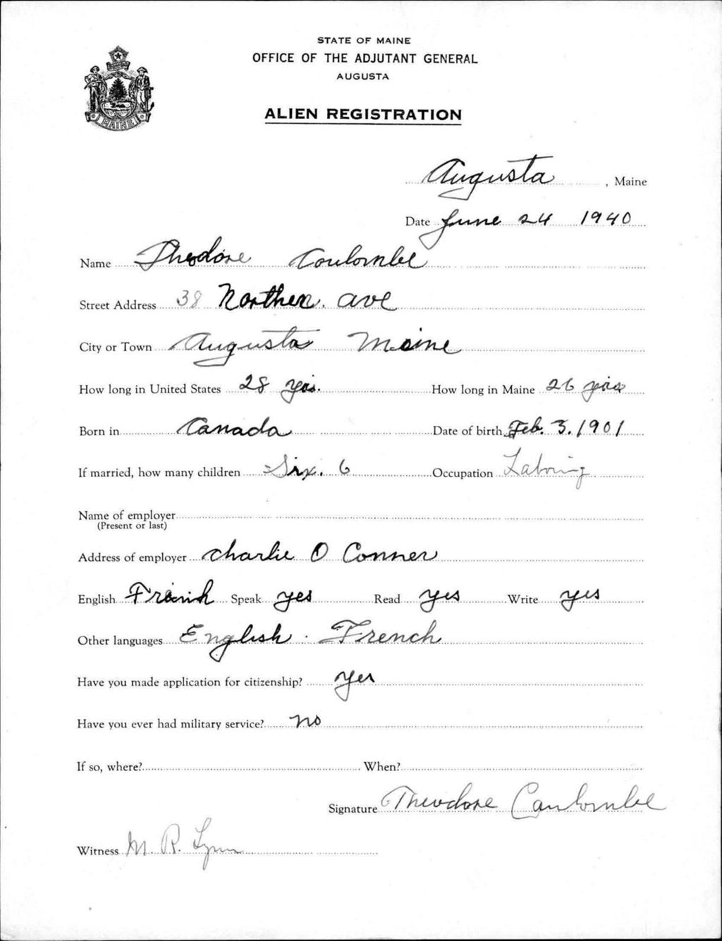 Miniature of Alien Registration- Coulombe, Theodore (Augusta, Kennebec County)
