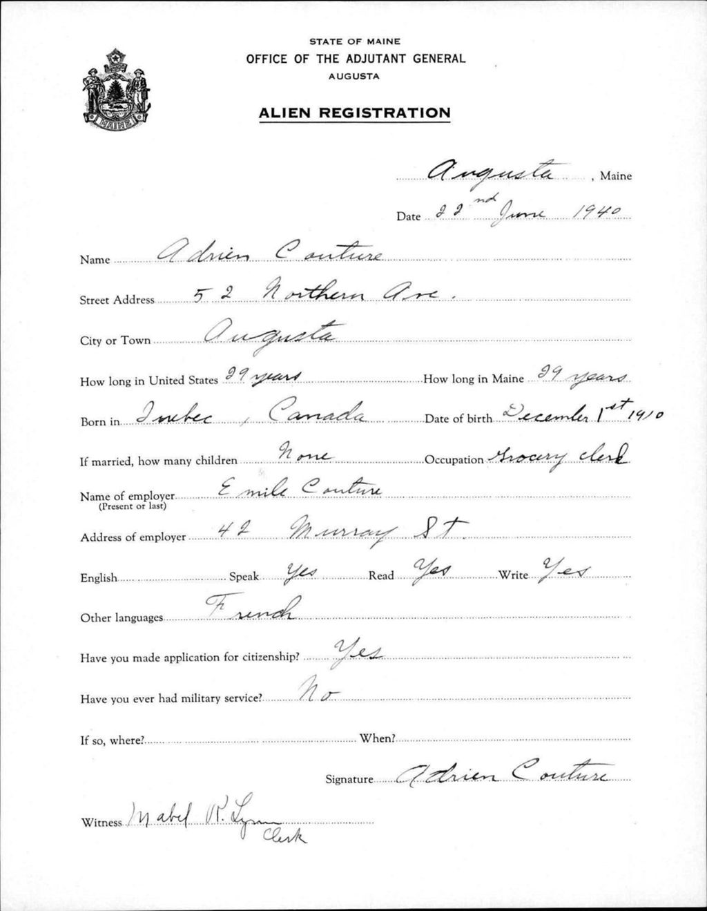 Miniature of Alien Registration- Couture, Adrien (Augusta, Kennebec County)
