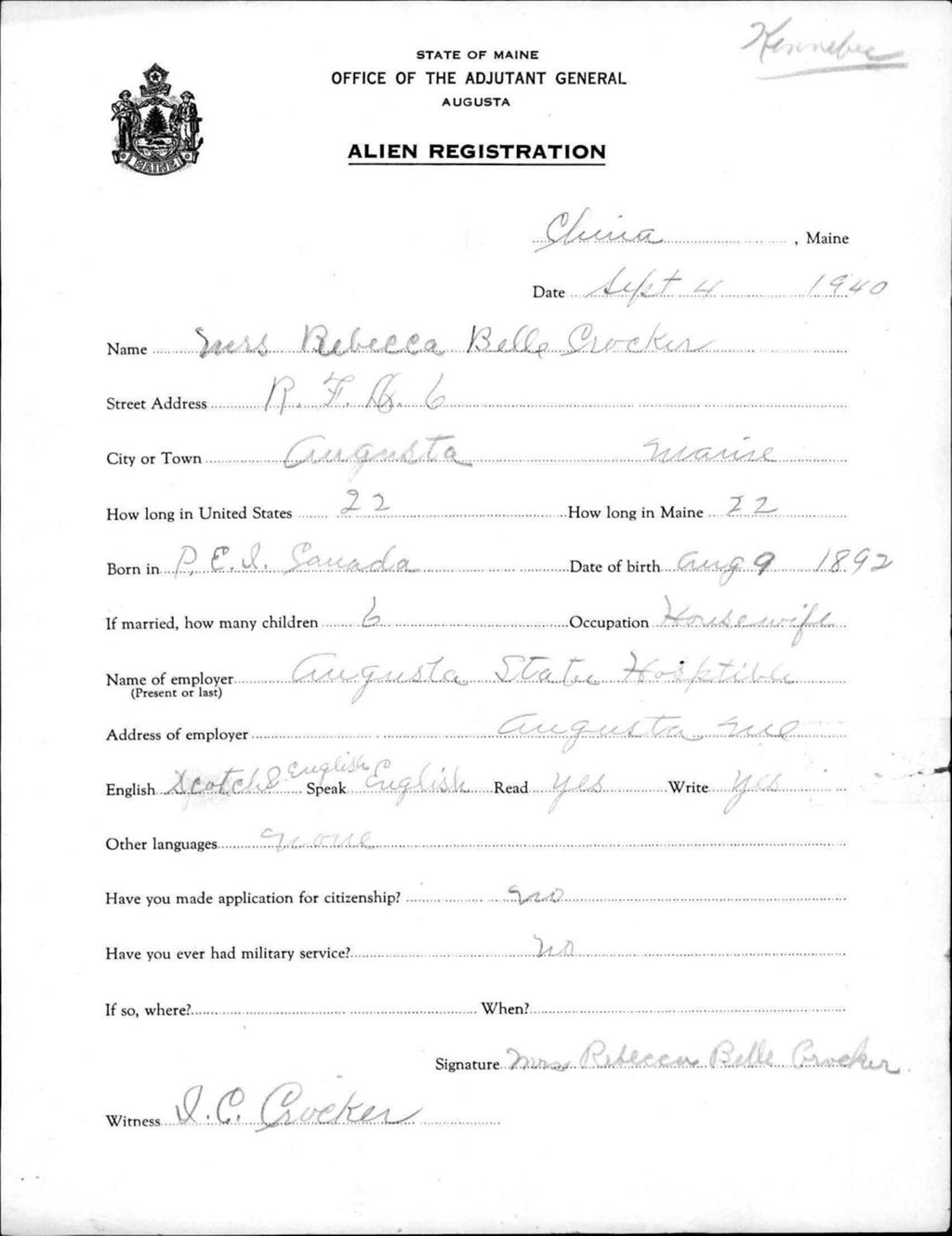 Miniature of Alien Registration- Crocker, Rebecca B. (Augusta, Kennebec County)