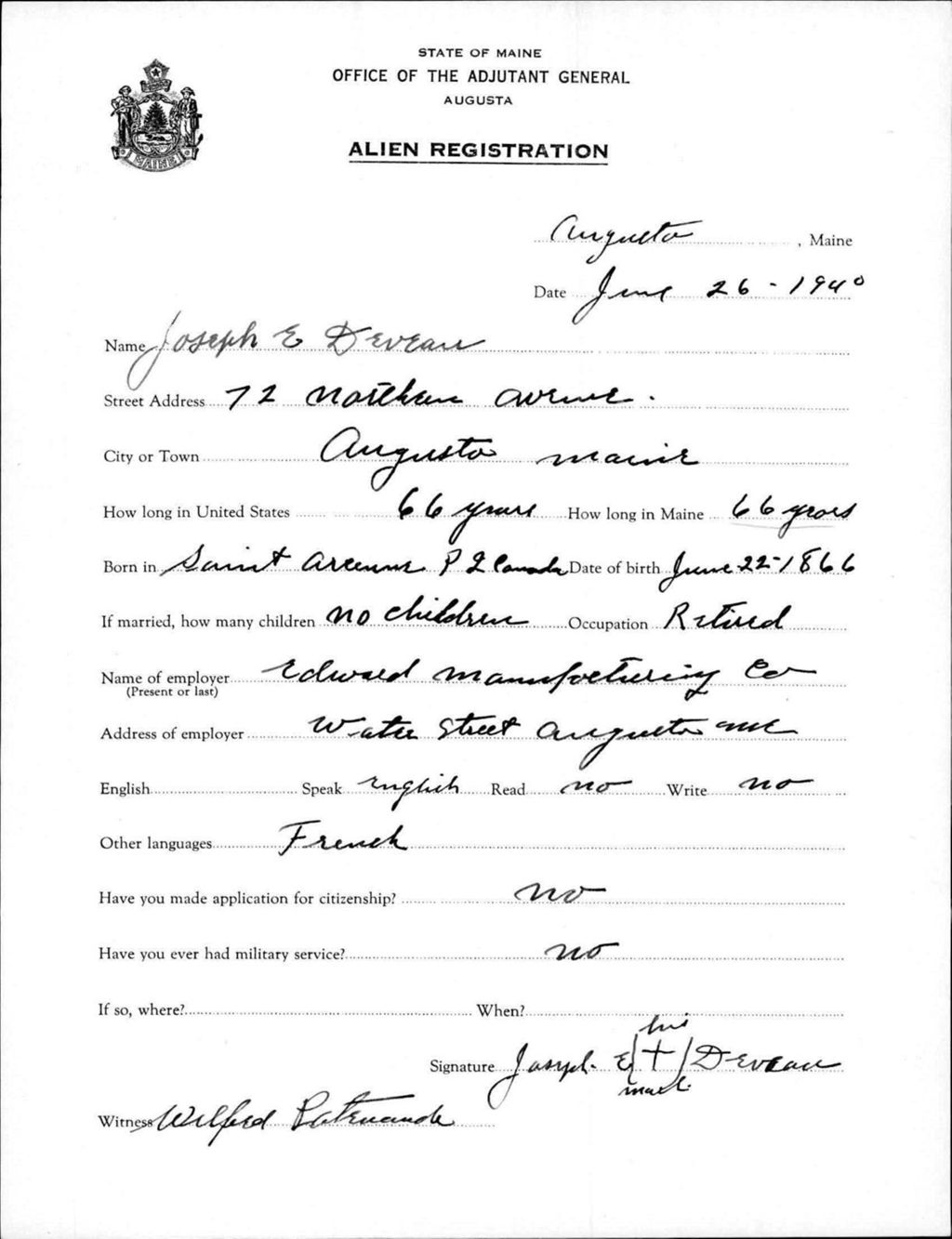 Miniature of Alien Registration- Deveau, Joseph E. (Augusta, Kennebec County)