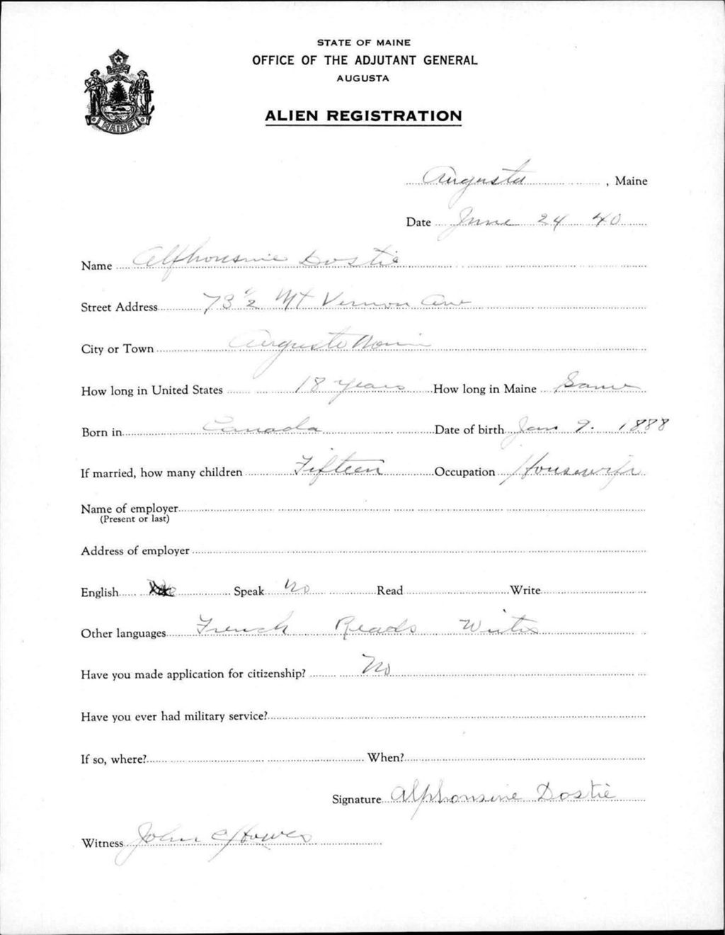 Miniature of Alien Registration- Dostie, Alphonsine (Augusta, Kennebec County)