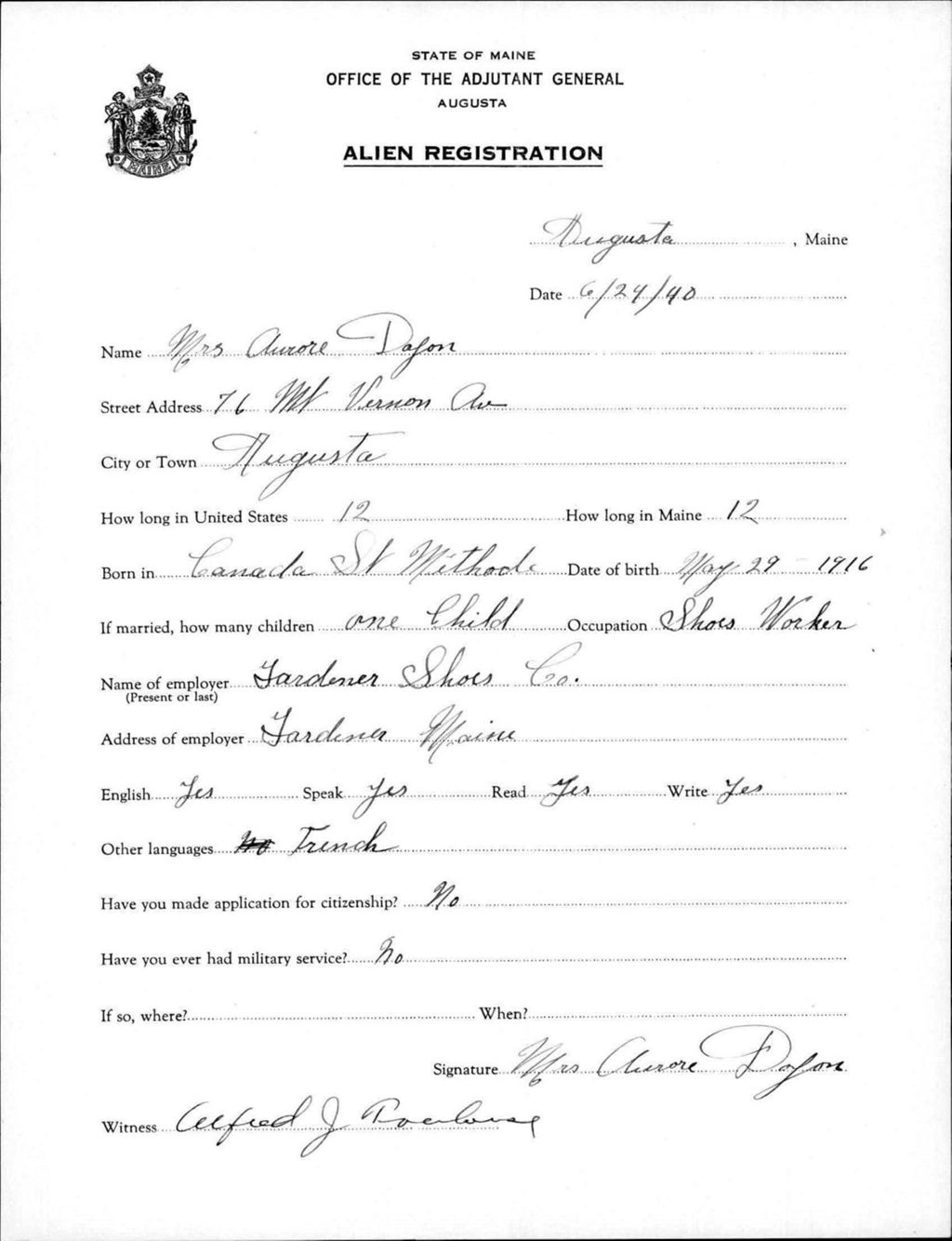 Miniature of Alien Registration- Doyon, Aurore (Augusta, Kennebec County)