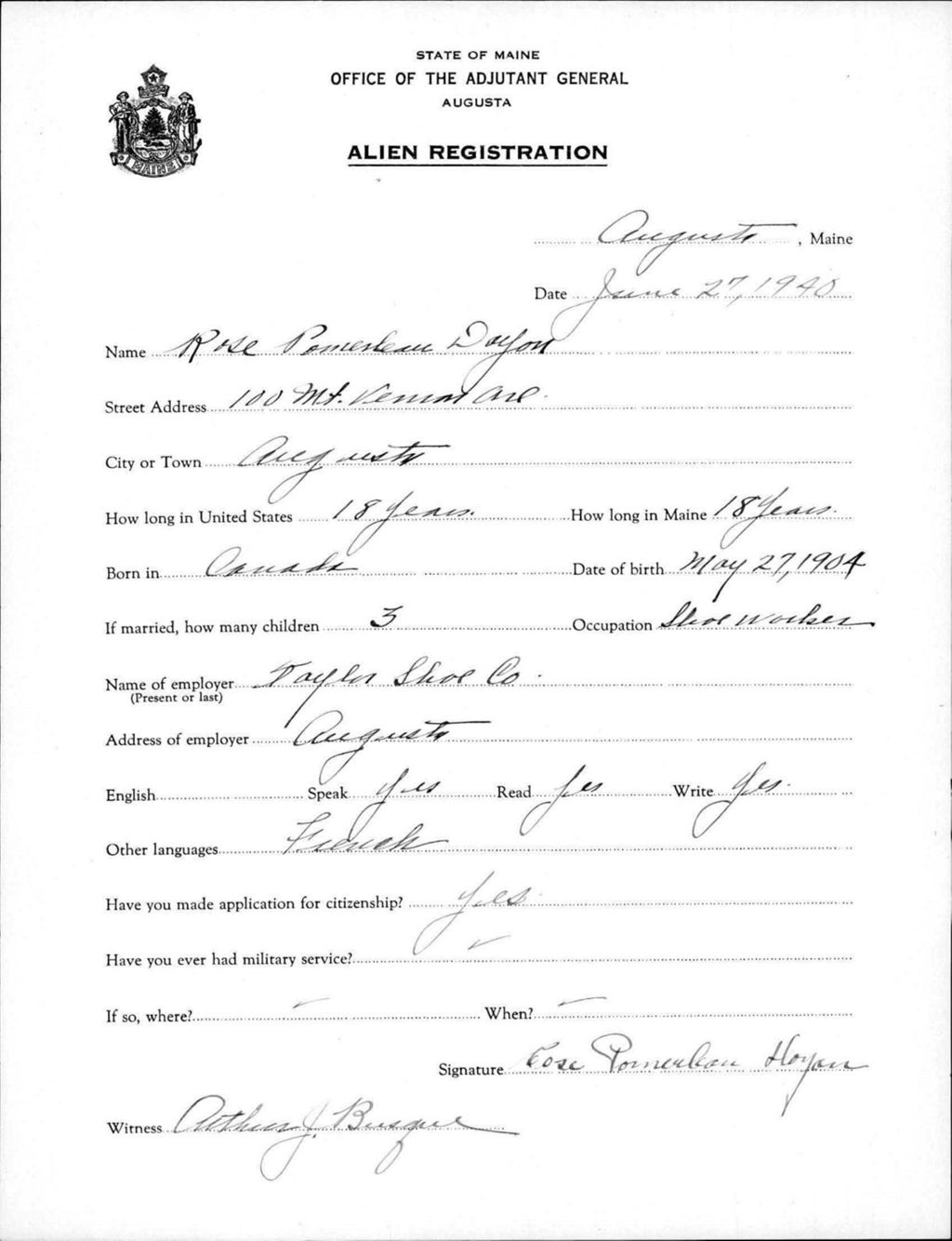 Miniature of Alien Registration- Pomerleau, Rose (Augusta, Kennebec County)