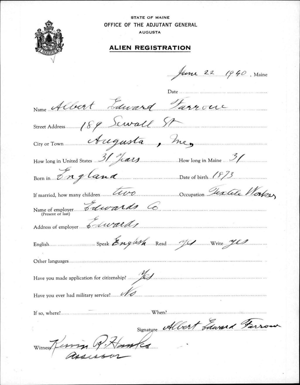 Miniature of Alien Registration- Farrow, Albert E. (Augusta, Kennebec County)