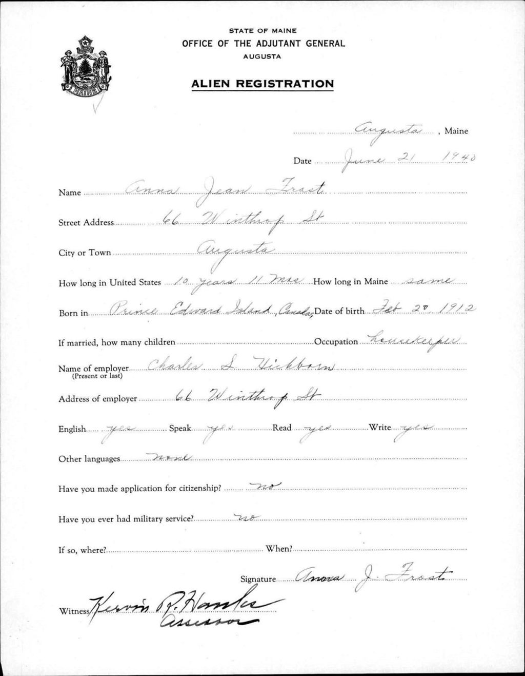 Miniature of Alien Registration- Frost, Anna J. (Augusta, Kennebec County)
