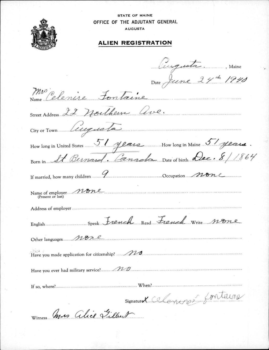 Miniature of Alien Registration- Fontaine, Celenire (Augusta, Kennebec County)