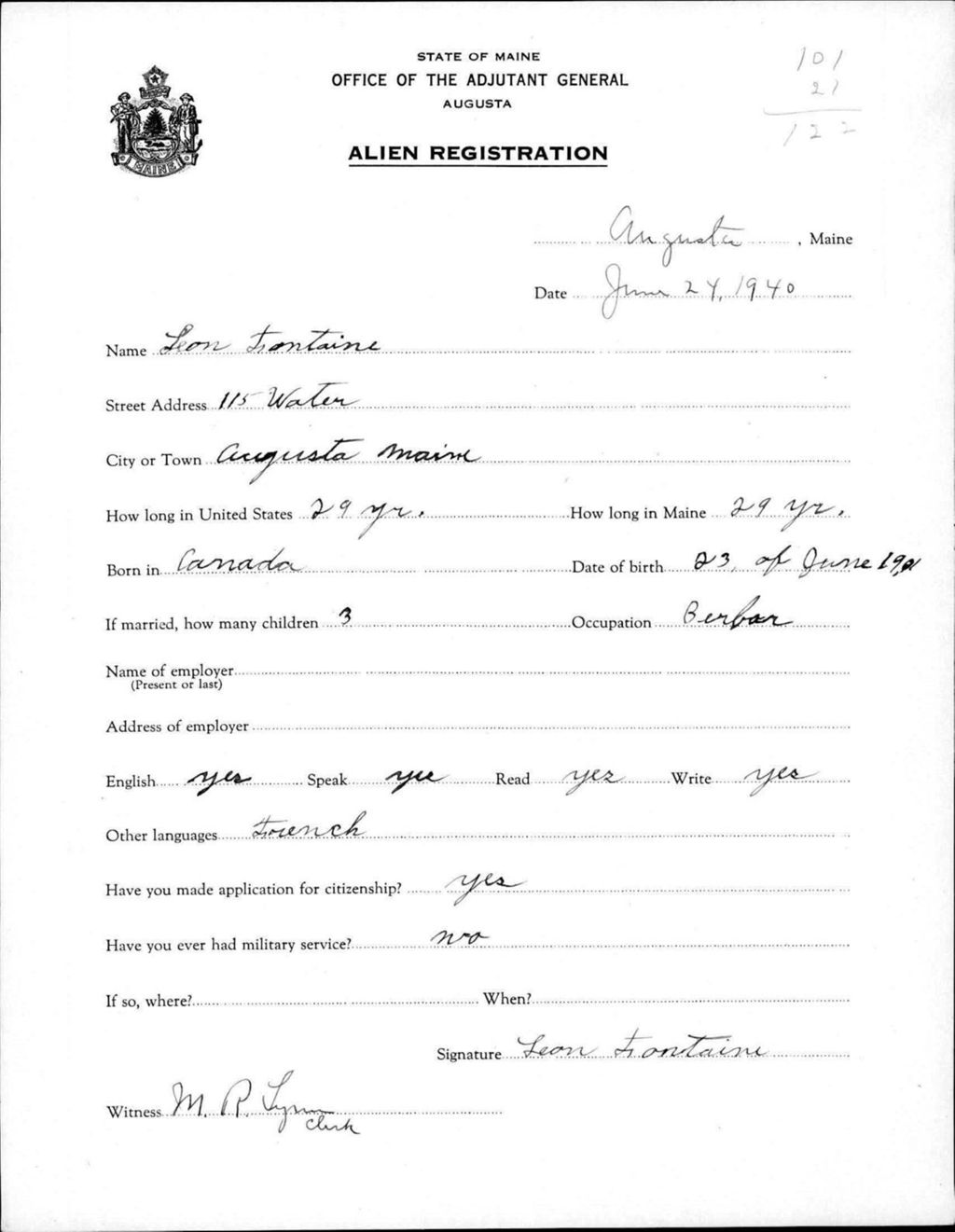 Miniature of Alien Registration- Fontaine, Leon (Augusta, Kennebec County)
