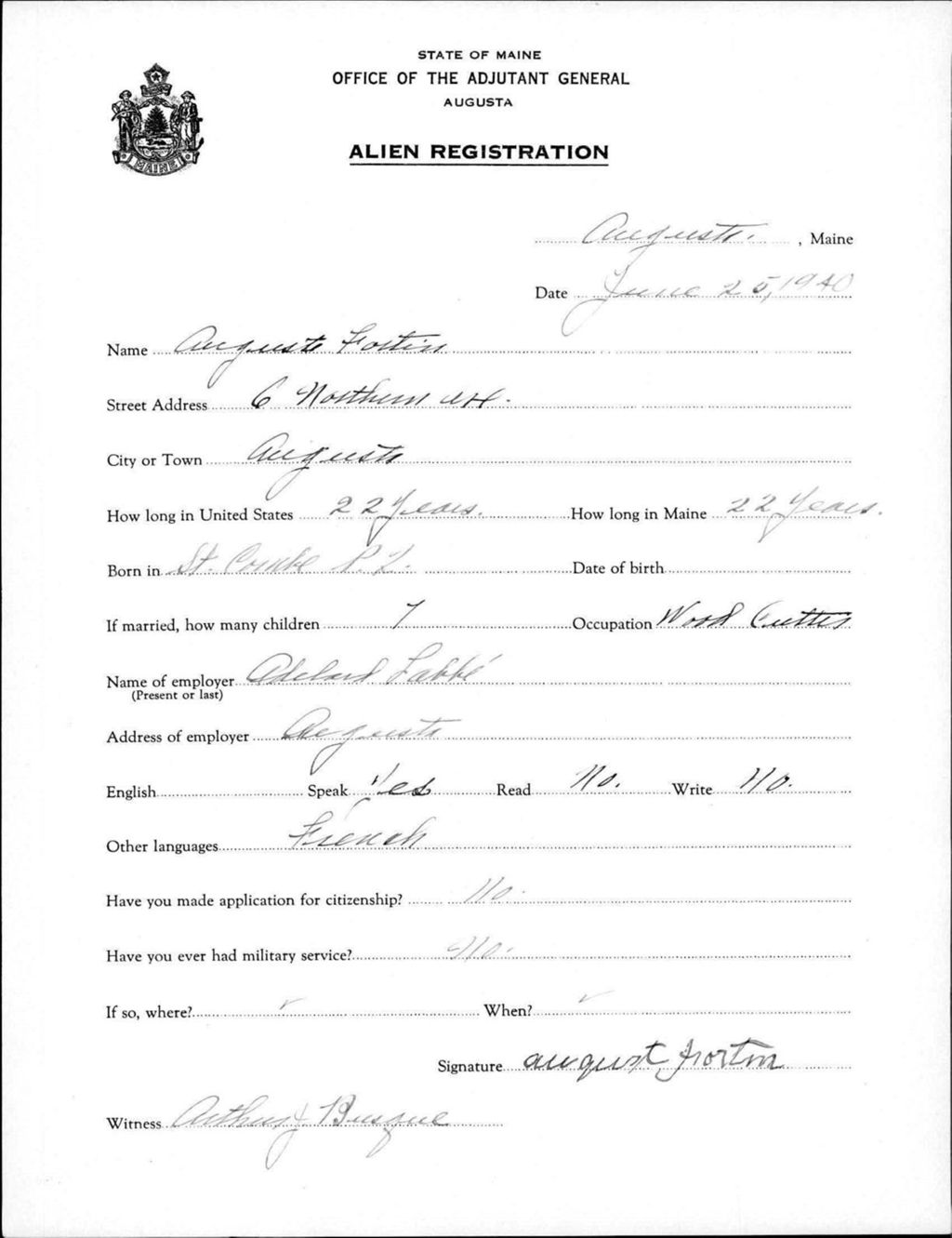 Miniature of Alien Registration- Fortin, August (Augusta, Kennebec County)