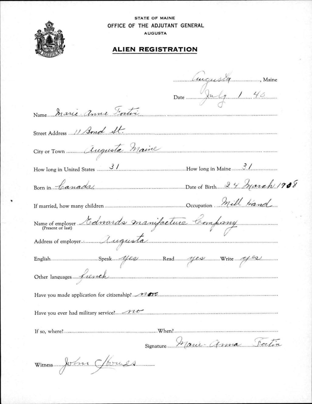 Miniature of Alien Registration- Fortin, Marie Anna (Augusta, Kennebec County)