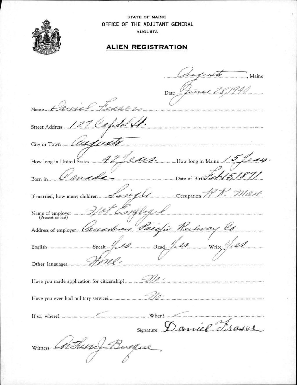 Miniature of Alien Registration- Fraser, David (Augusta, Kennebec County)
