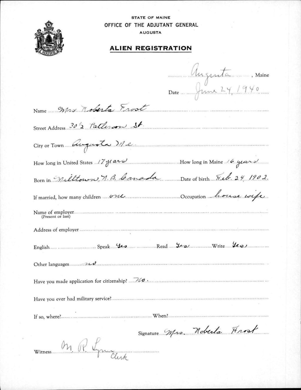 Miniature of Alien Registration- Frost, Roberta (Augusta, Kennebec County)