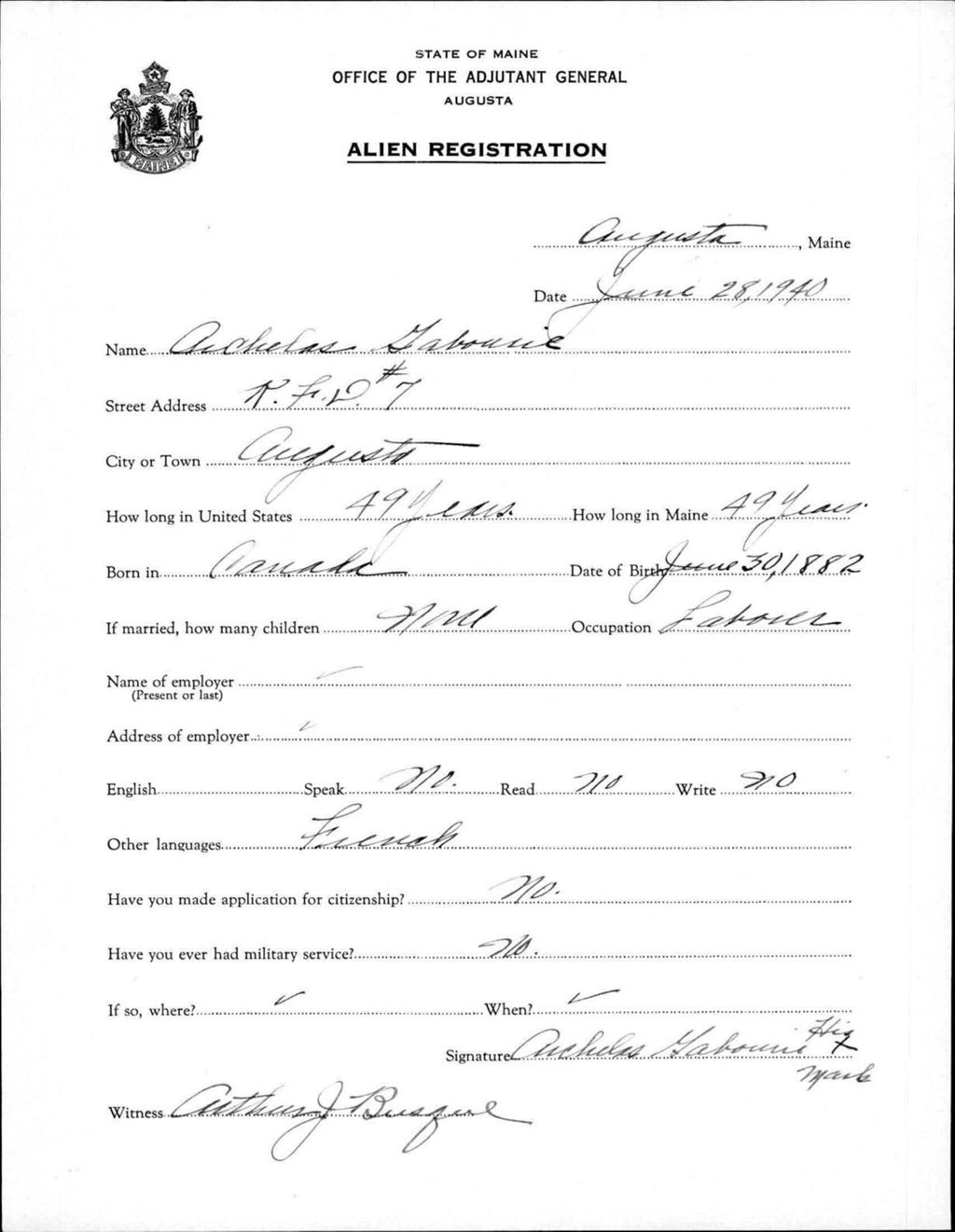 Miniature of Alien Registration- Gabourie, Archelas (Augusta, Kennebec County)