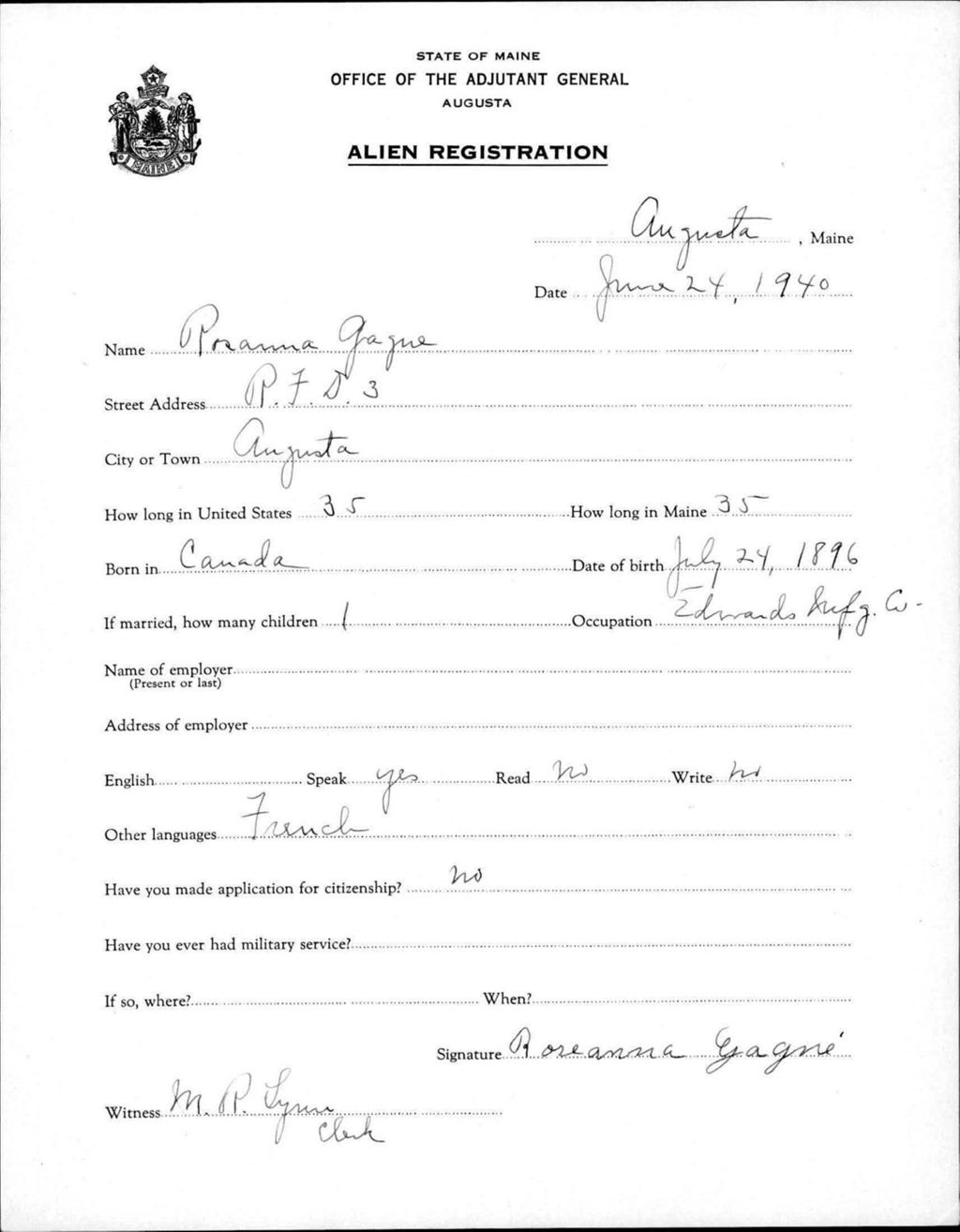 Miniature of Alien Registration- Gagne, Rosanna (Augusta, Kennebec County)