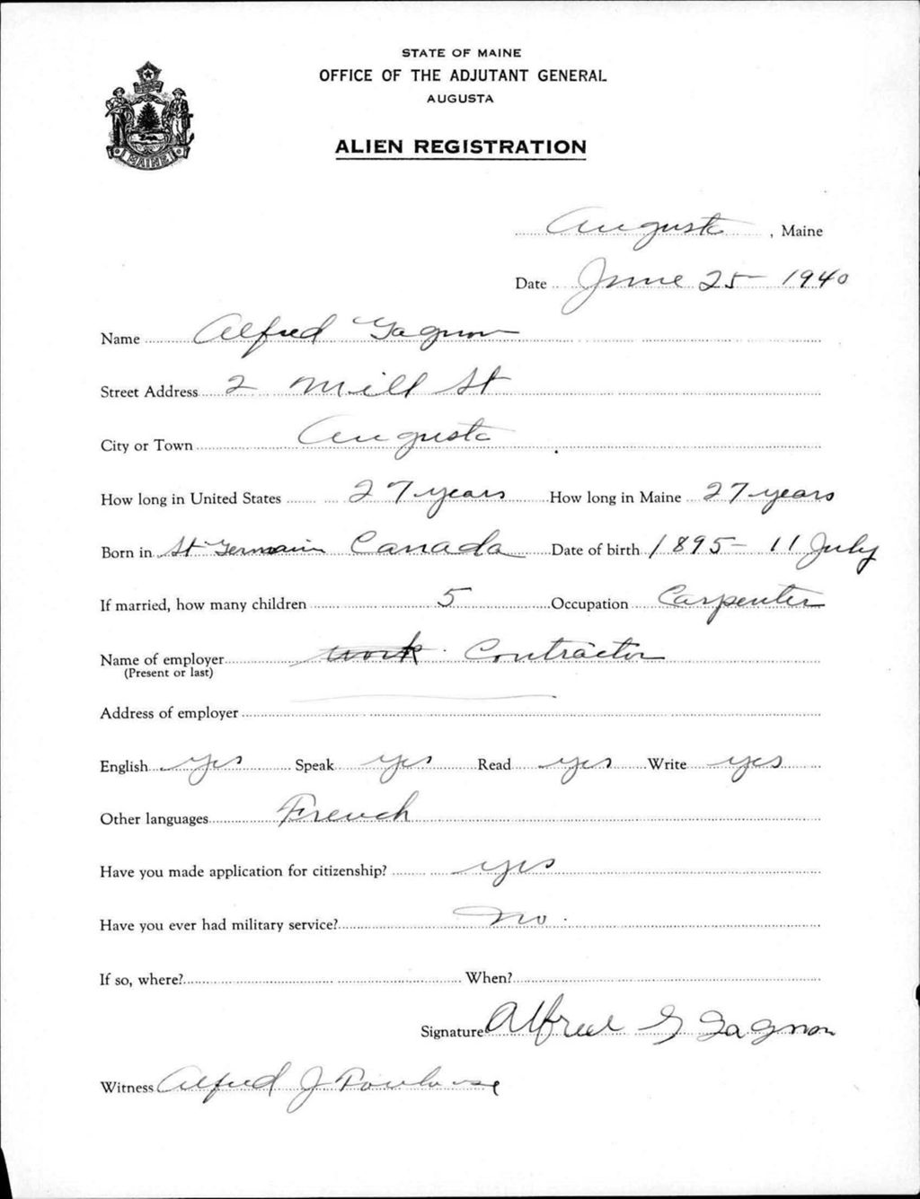 Miniature of Alien Registration- Gagnon, Alfred (Augusta, Kennebec County)