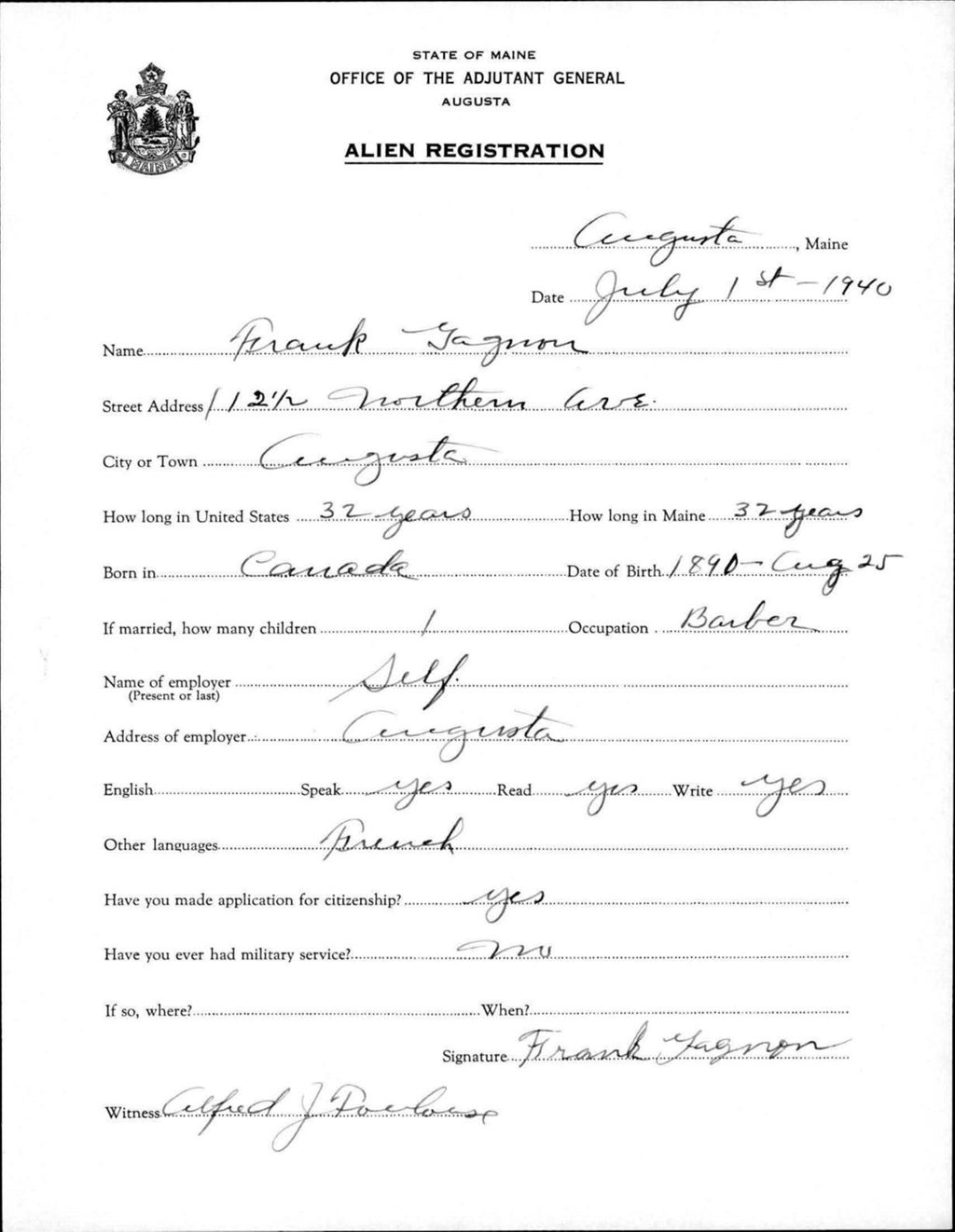 Miniature of Alien Registration- Gagnon, Frank (Augusta, Kennebec County)