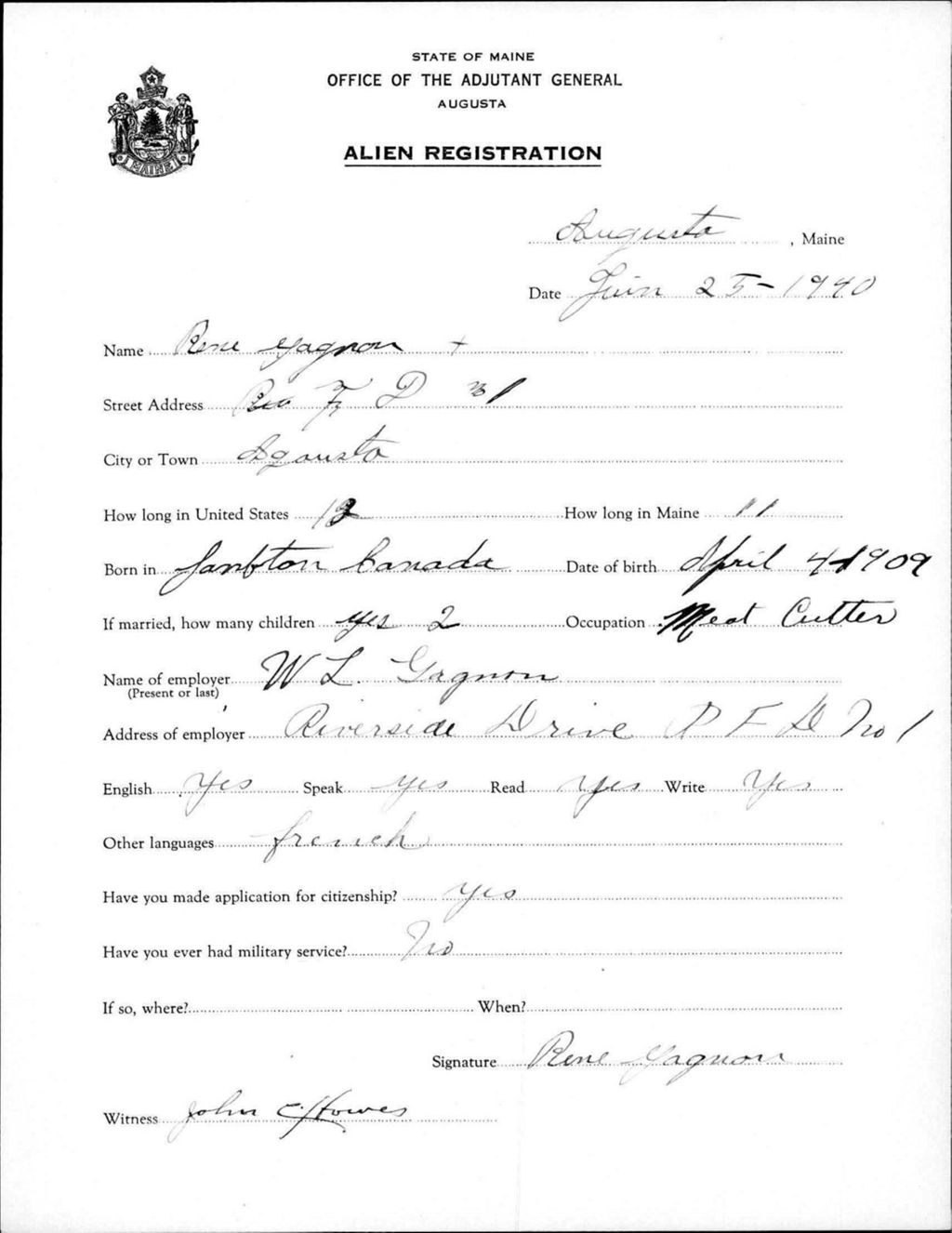 Miniature of Alien Registration- Gagnon, Rene (Augusta, Kennebec County)